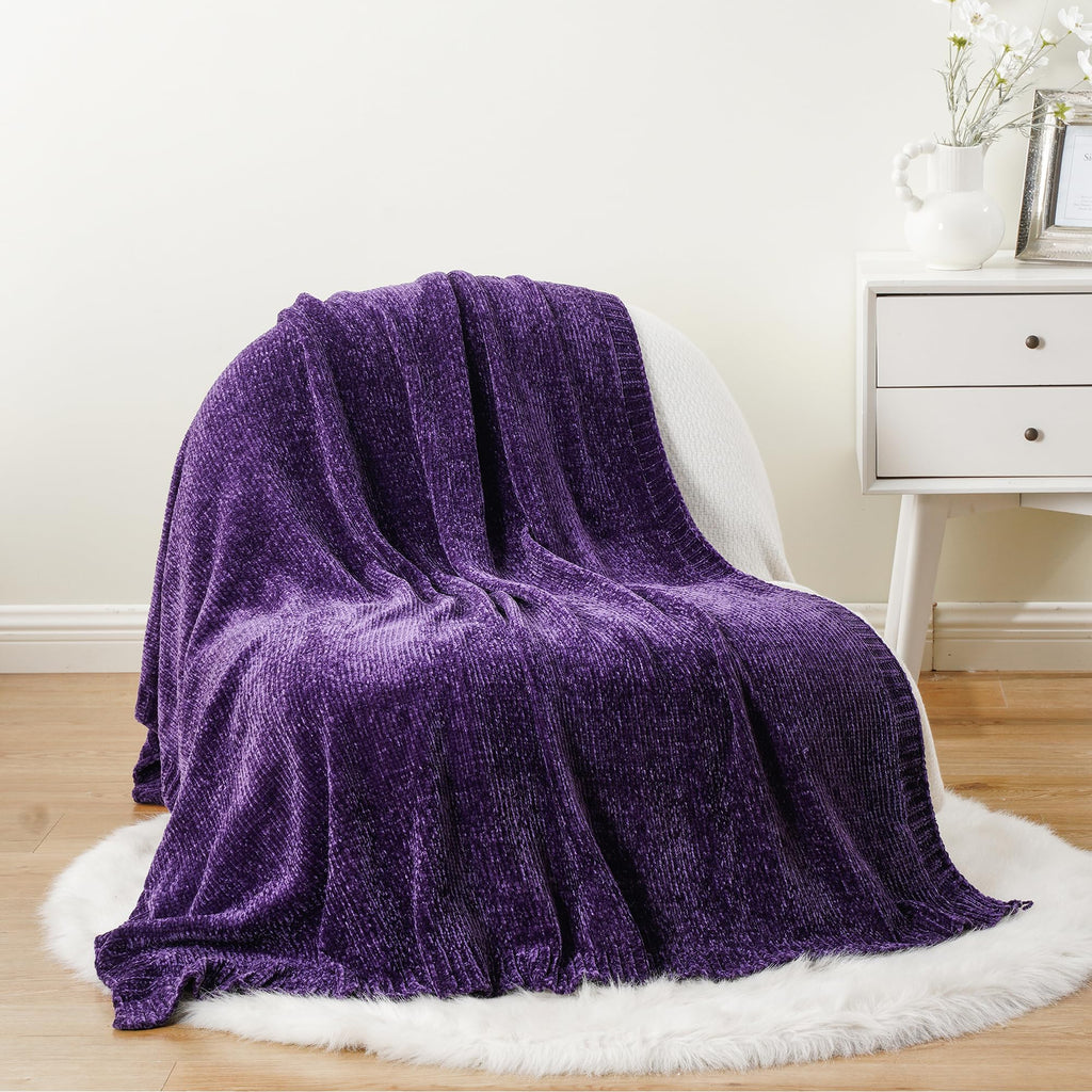 Battilo Home Chenille Knitted Throw Blanket For Couch, Decorative Cozy Dark Purple Throw Blanket For Bed Sofa Outdoor, Super Sof