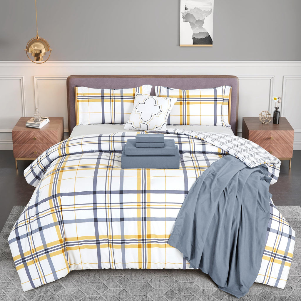Elegant Comfort Silky Soft 8-Piece Plaid Lodge Bed-In-A-Bag Comforter Set, Includes 4Pc Smart Sheet Set, Comforter, Decorative Pillow, Matching Pillowcases And Shams - Twin/Twin Xl, Gold