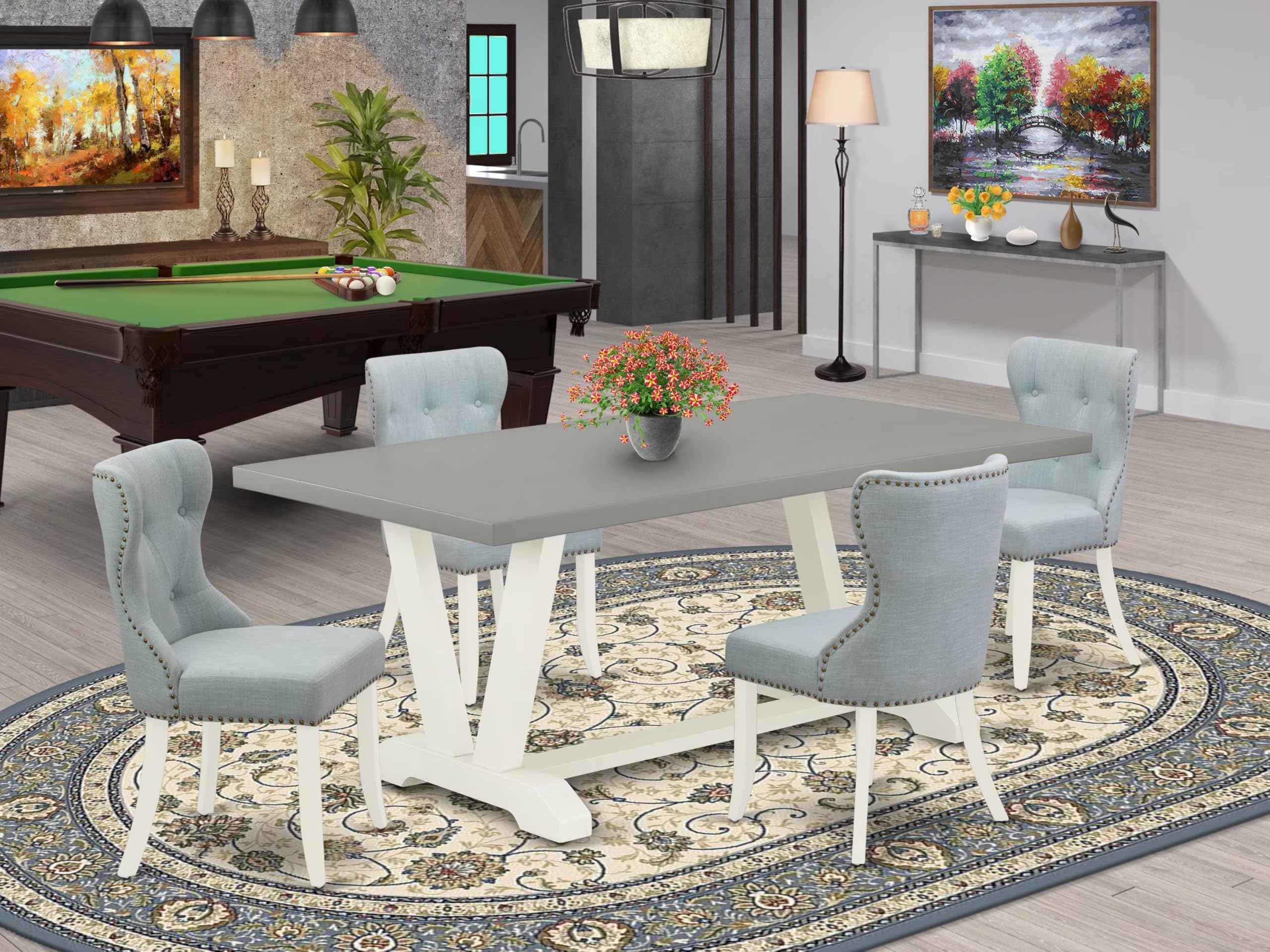 East West Furniture V097Si215-5 5 Piece Dining Table Set For 4 Includes A Rectangle Kitchen Table With V-Legs And 4 Baby Blue Linen Fabric Upholstered Chairs, 40X72 Inch, Multi-Color