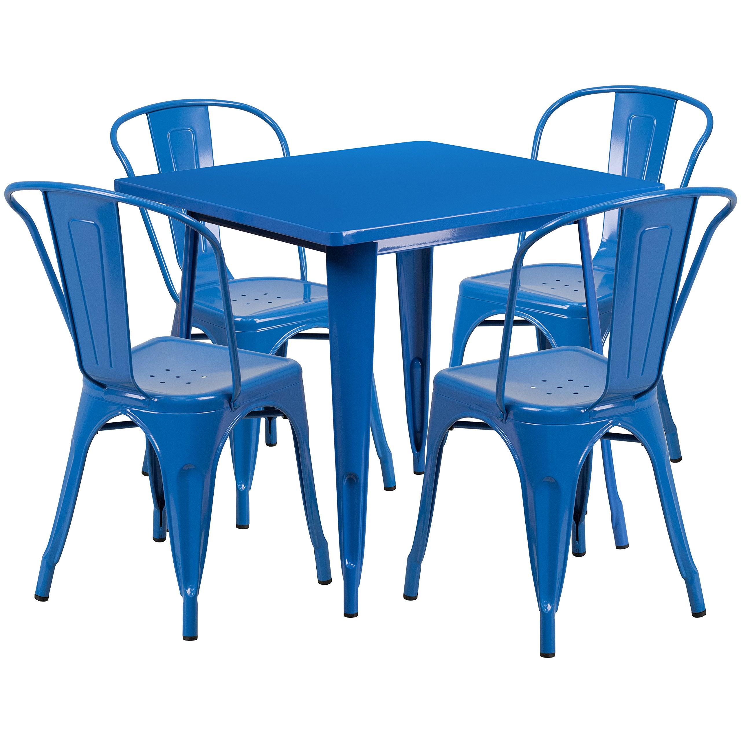 Flash Furniture Commercial Grade 31.5' Square Blue Metal Indoor-Outdoor Table Set With 4 Stack Chairs