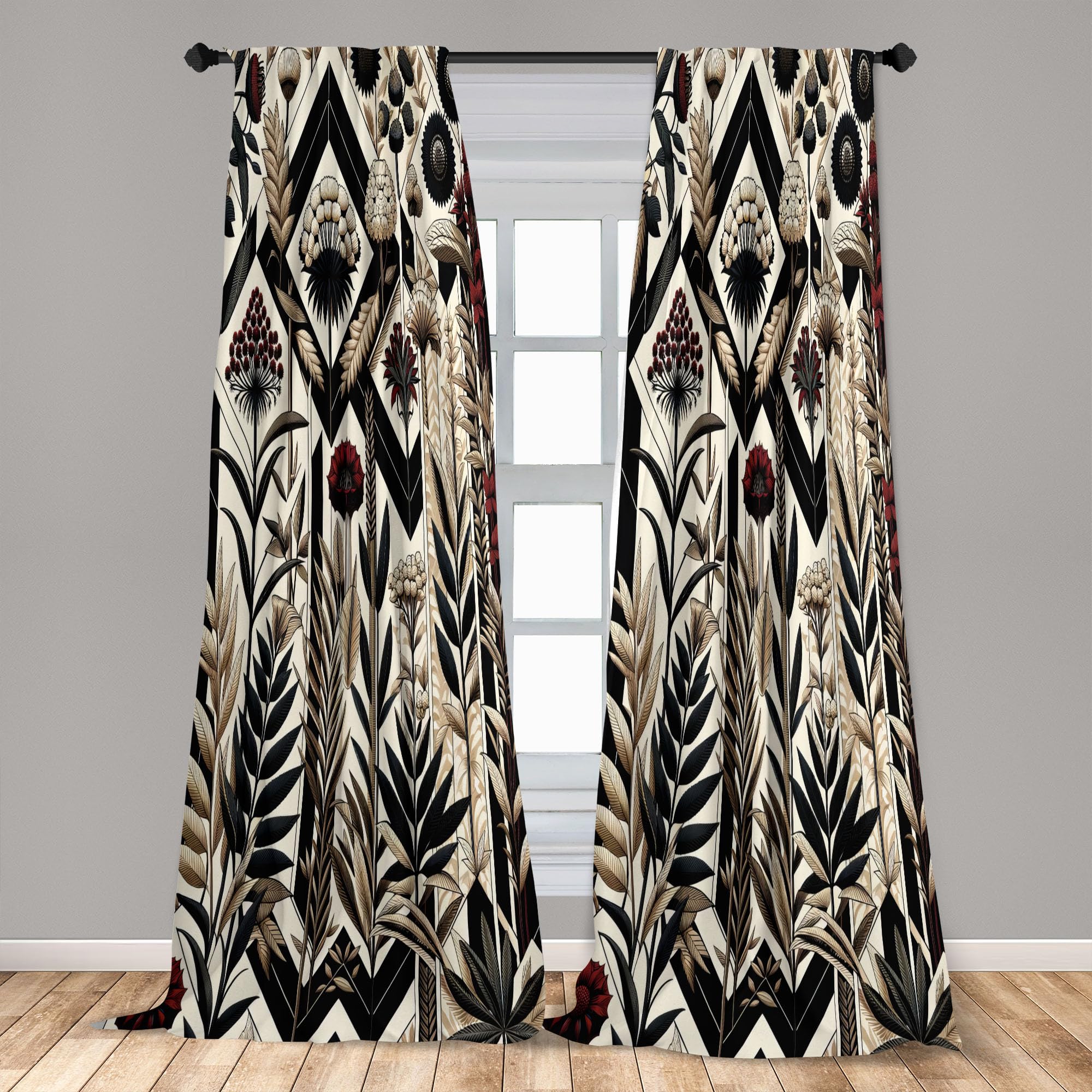Ambesonne Leafy Art Window Curtains Pack Of 2, Modern Boho Composition Of Abstract Rhombus Detailed Leaves Flowery, Lightweight