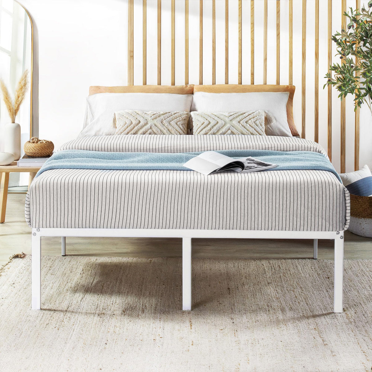 Best Price Mattress 16 Inch Metal Platform Bed Frame, Heavy Duty Steel Slats, White, Queen