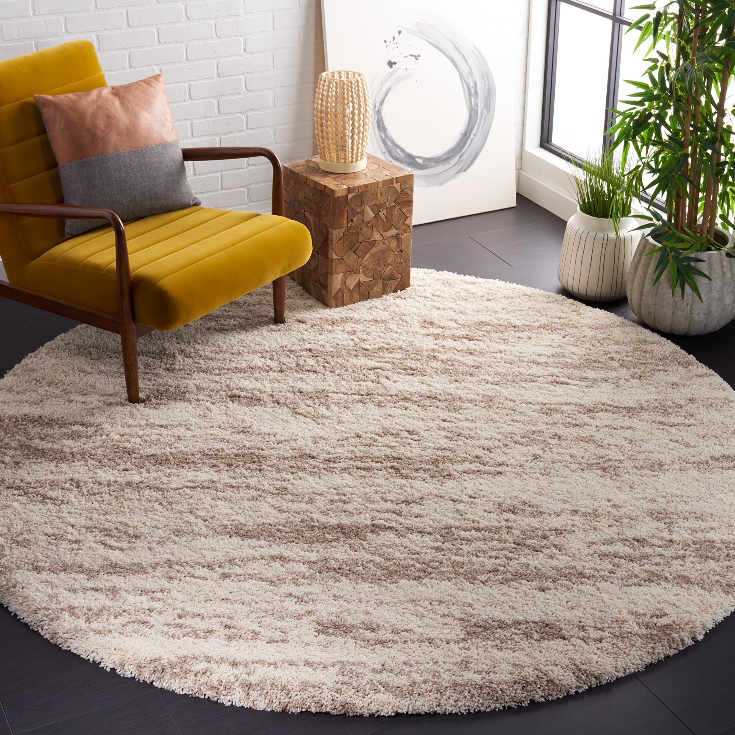 SAFAVIEH Hudson Shag Collection Area Rug - 8 Round, Ivory & Beige, Modern Design, Non-Shedding & Easy Care, 2-inch Thick Ideal 