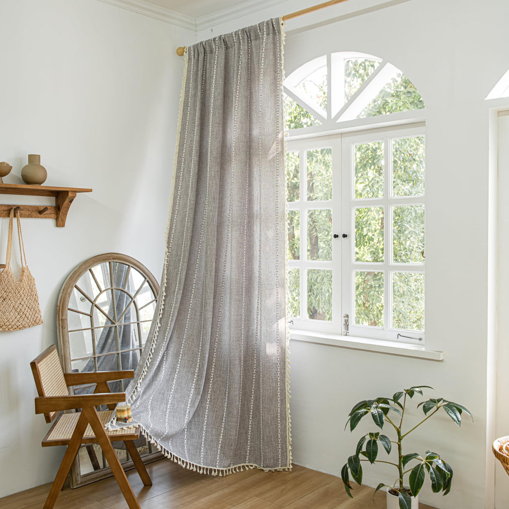 Sutuo Home Brown Boho Curtains 84 Inch For Bedroom, Semi Blackout Linen Farmhouse Shabby Chic Tassels Window Treatment Bohemian