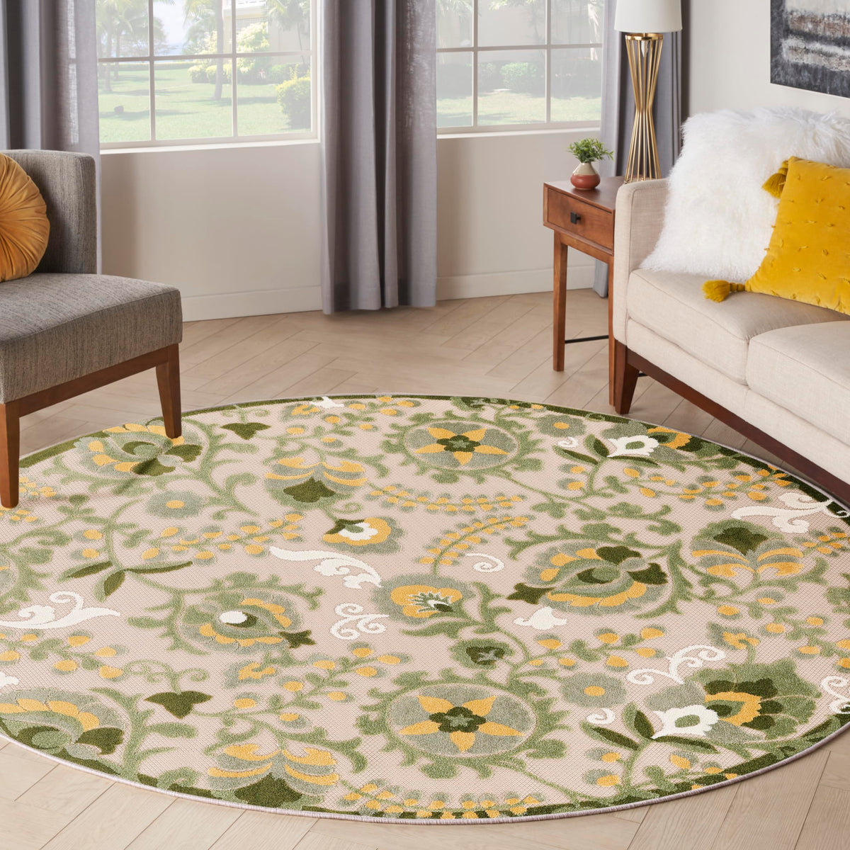 Nourison Aloha Indoor/Outdoor Ivory Green 7'10' X Round Area Rug, Easy Cleaning, Non-Shedding, Bed Room, Living Room, Dining Ro