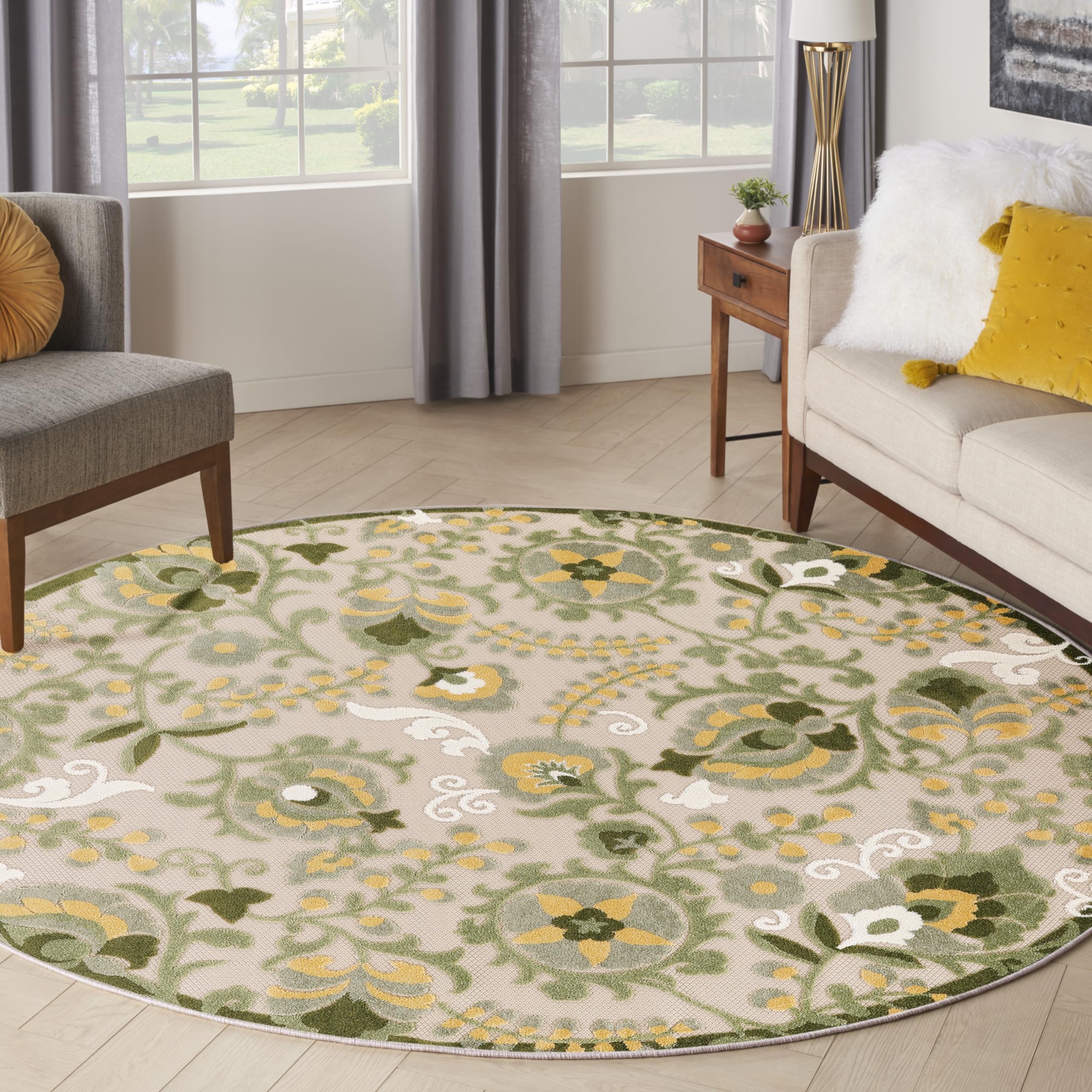 Nourison Aloha Indoor/Outdoor Ivory Green 7'10' X Round Area Rug, Easy Cleaning, Non-Shedding, Bed Room, Living Room, Dining Ro