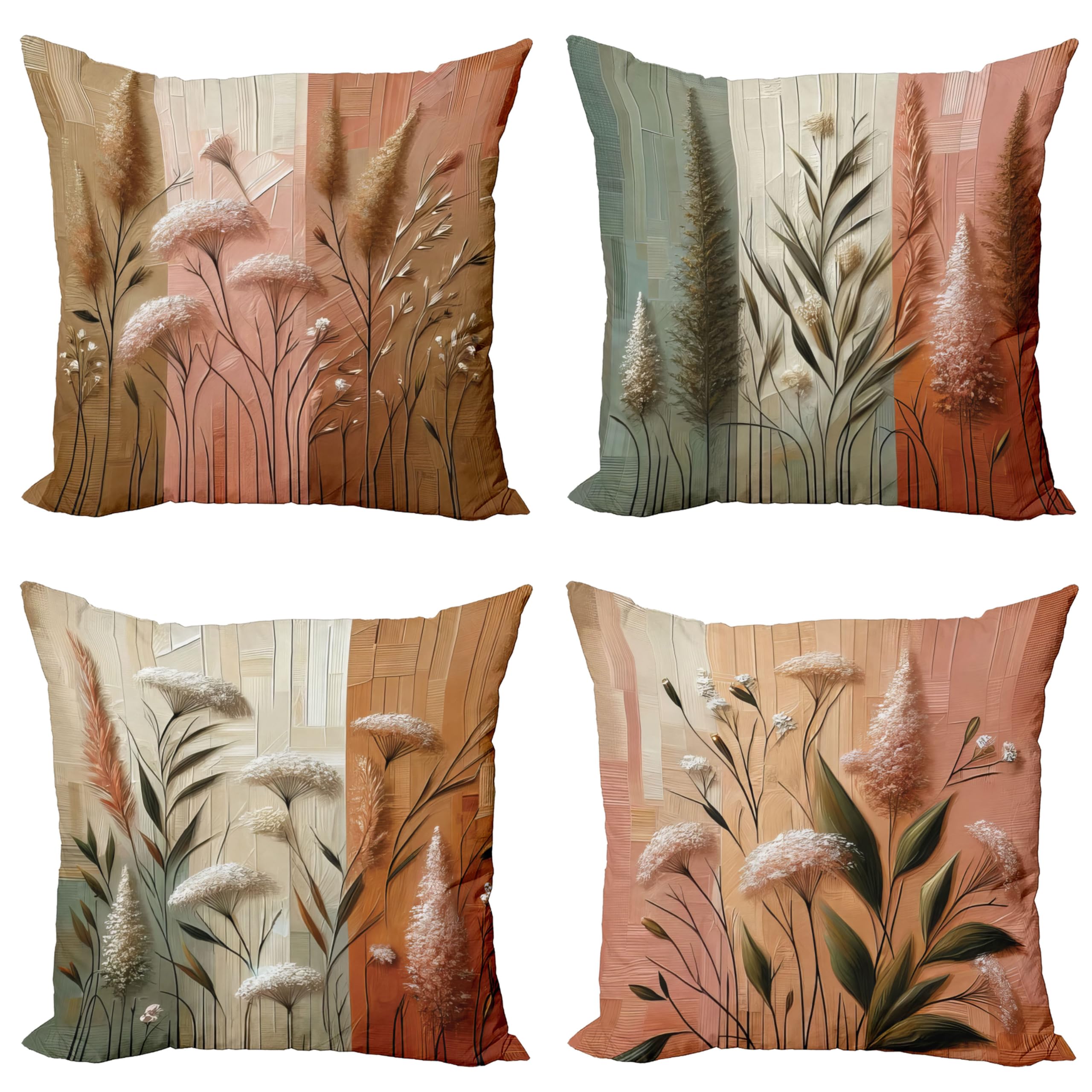 Ambesonne Botanical Throw Pillow Cushion Cover Set Of 4, Meadow Blooms With Painting Effect Joyful Nature Woodland Romance, Deco