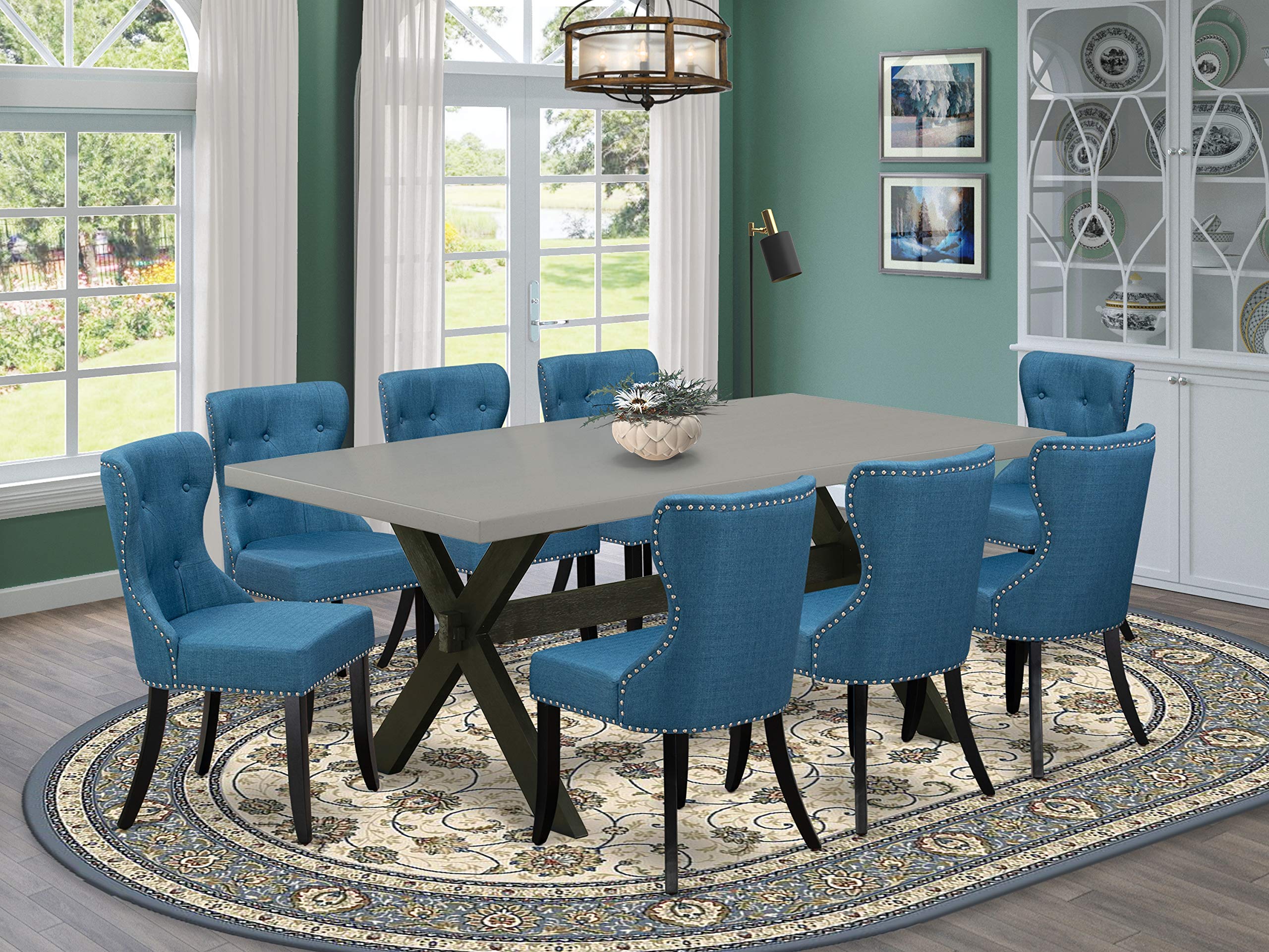 East West Furniture X697Si121-9 9 Piece Dining Table Set Includes A Rectangle Dining Room Table With X-Legs And 8 Blue Linen Fabric Upholstered Parson Chairs, 40X72 Inch, Multi-Color