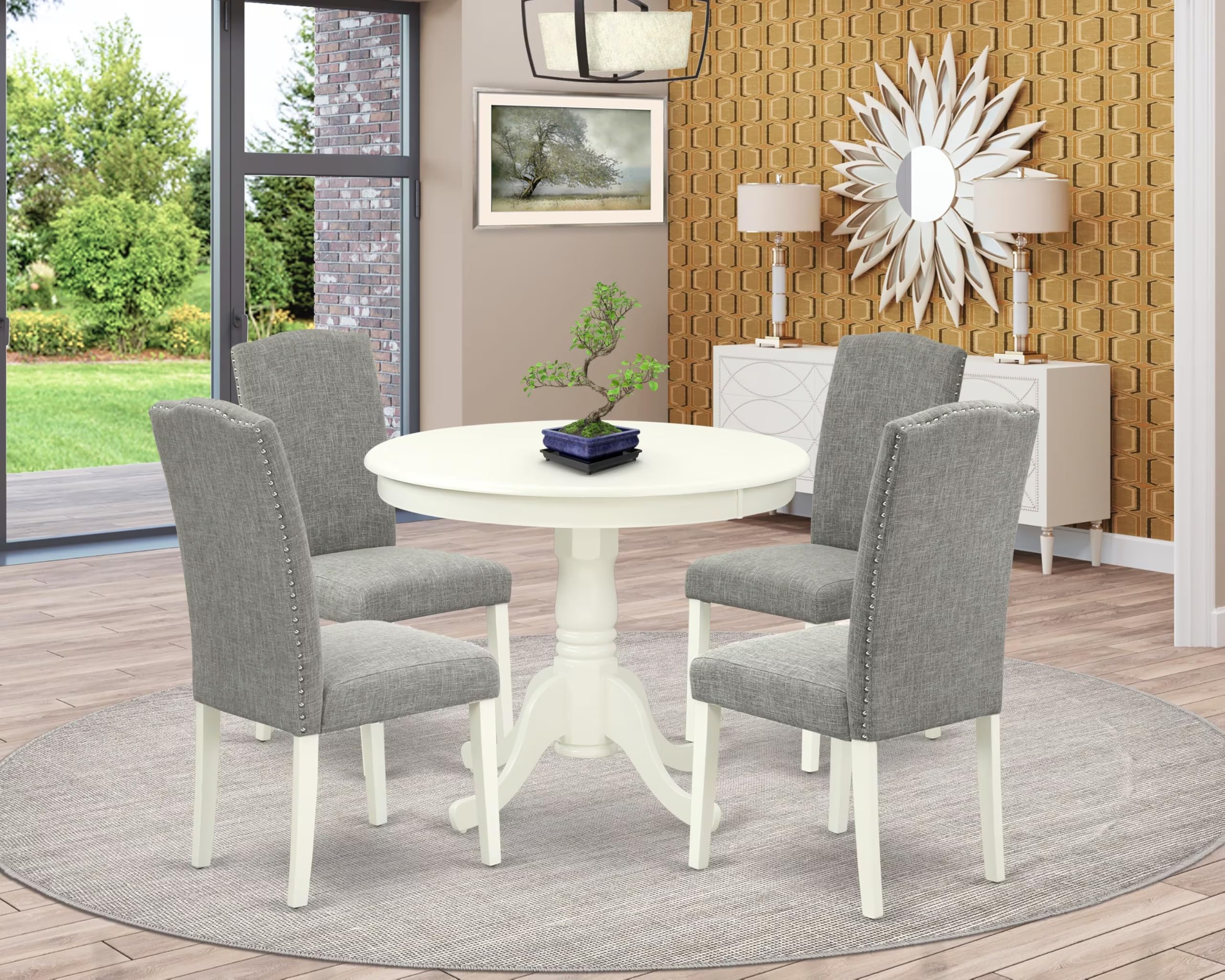 East West Furniture Anen5-Lwh-06 5 Piece Dining Room Furniture Set Includes A Round Kitchen Table With Pedestal And 4 Dark Shitake Linen Fabric Parsons Dining Chairs, 36X36 Inch, Linen White