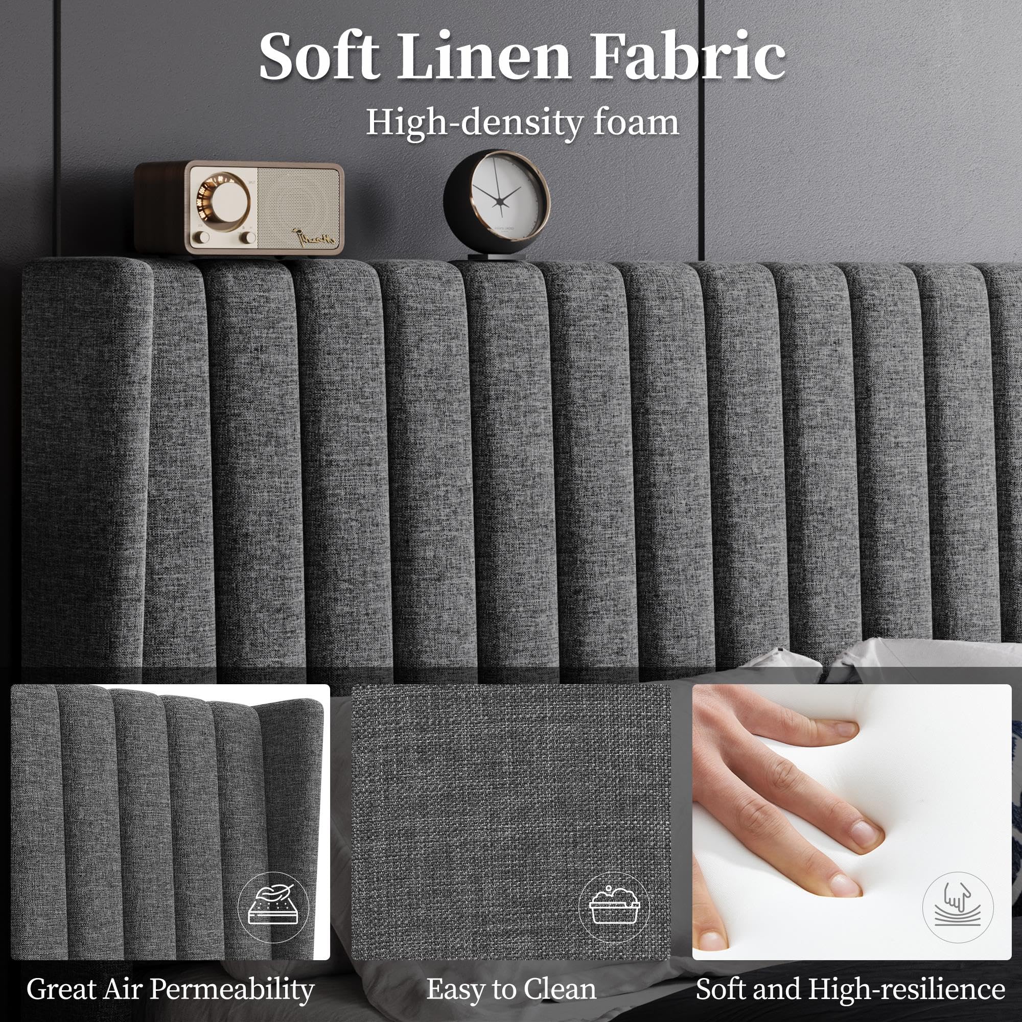 Yaheetech Queen Bed Frame Upholstered Platform Bed With Fabric Headboard, Wing Edge Design/Non-Slip And Noise-Free/Wooden Slats Support/No Box Spring Needed/Easy Assembly, Dark Gray Queen Bed