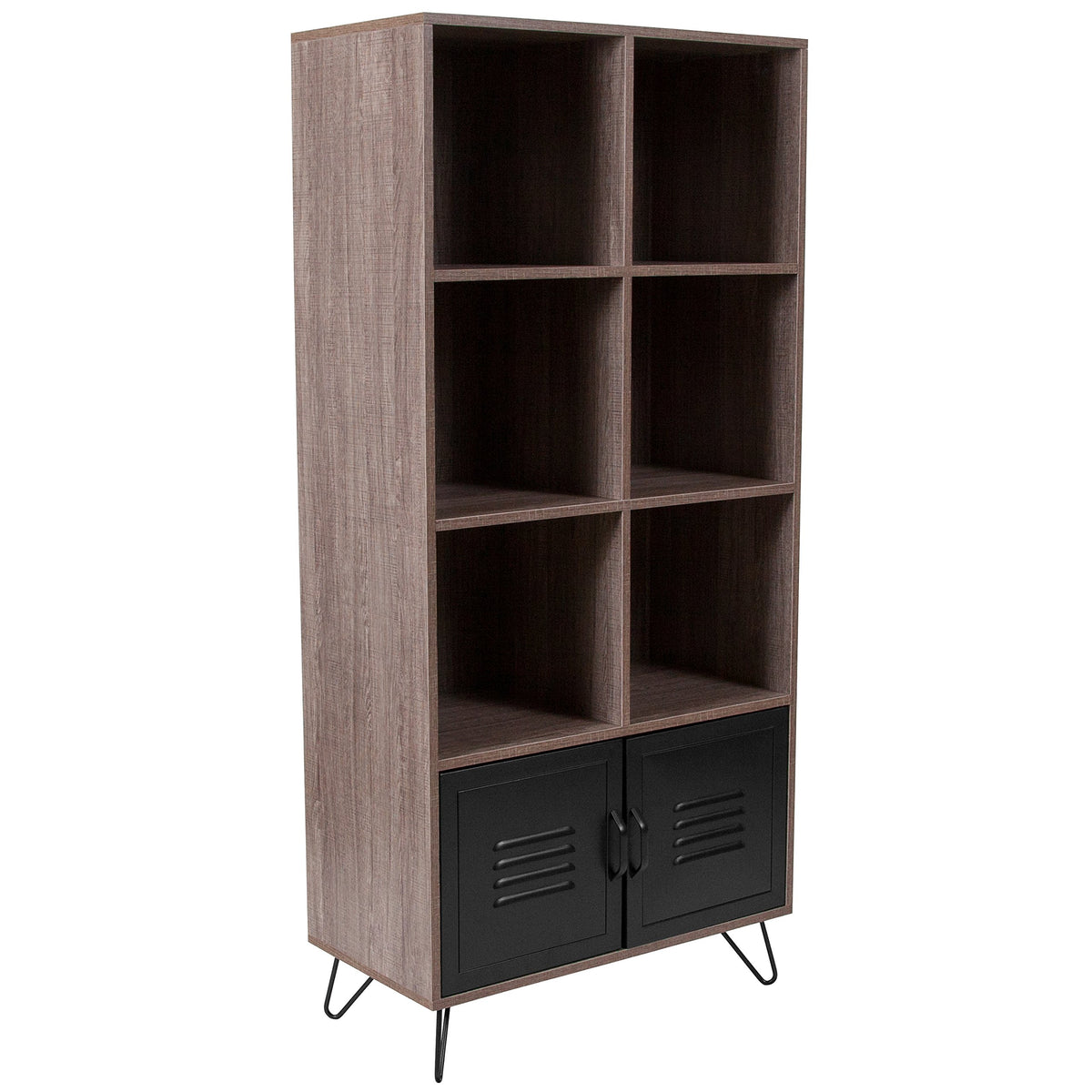 Flash Furniture Woodridge Collection 59.25&quot;H 6 Cube Storage Organizer Bookcase With Metal Cabinet Doors And Metal Legs In Rustic Wood Grain Finish