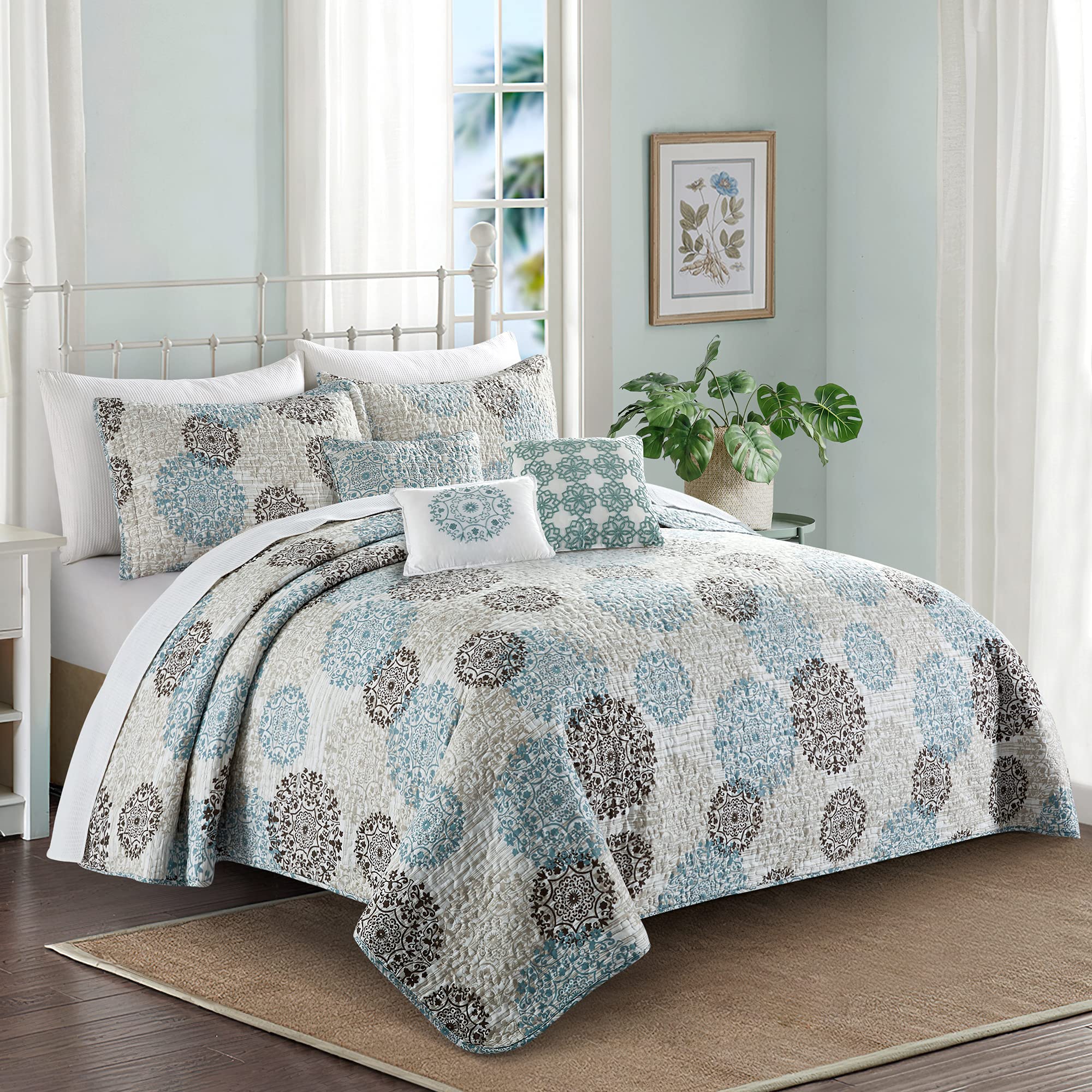 Home Soft Things 6 Piece Marina Medallion Printed Microfiber Quilts Coverlet Set King 102' X 90', Cameo Blue (Beige Brown Blue