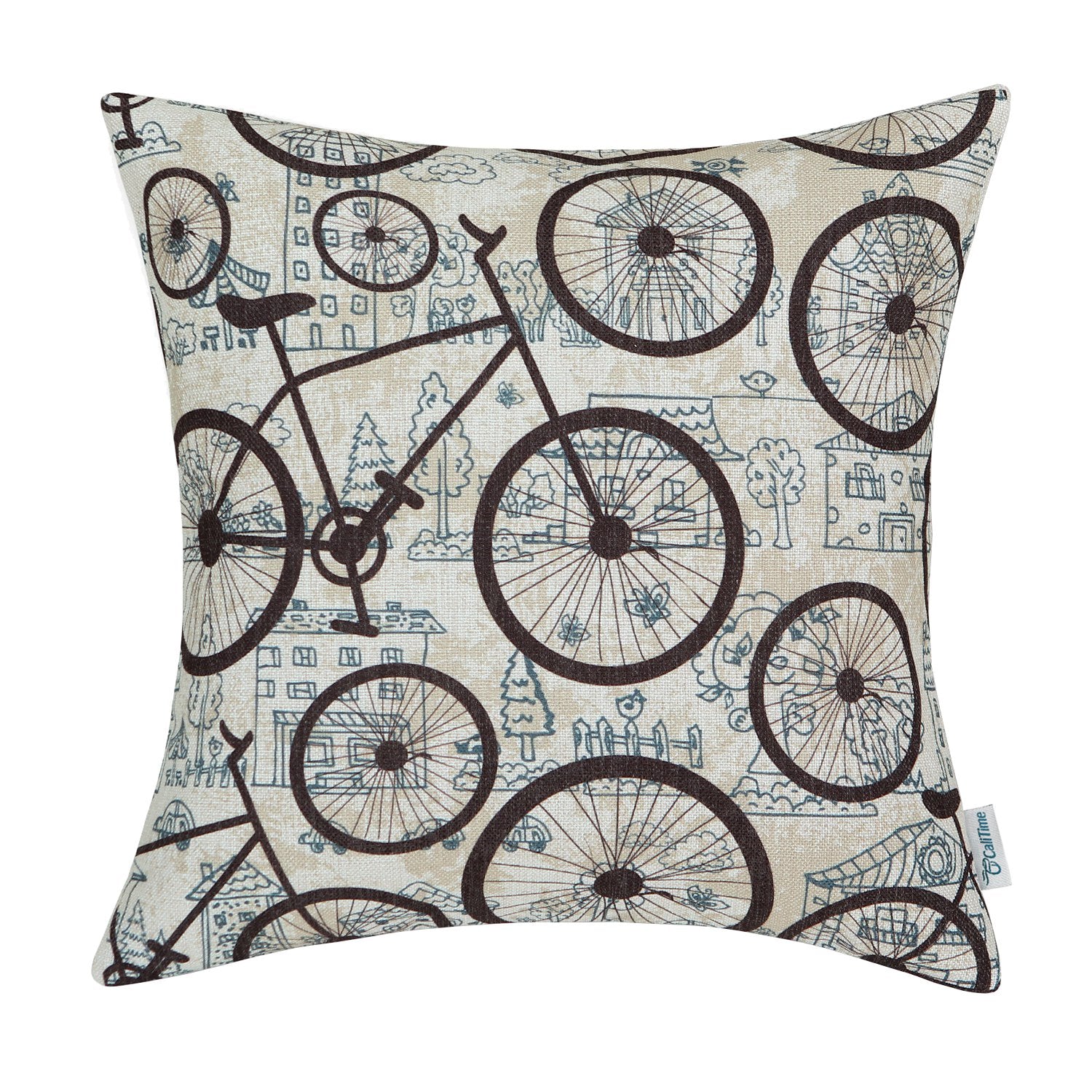 Calitime Canvas Throw Pillow Cover Shell For Couch Sofa Home Decoration City Buildings Brown Bicycles Wheels 18 X 18 Inches