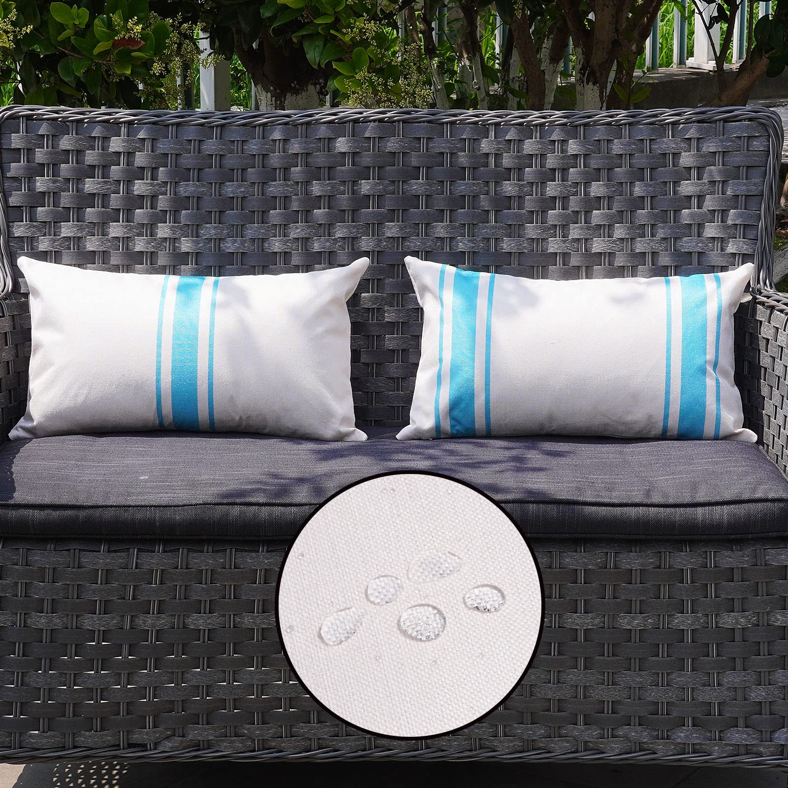 Onway Outdoor Pillow Covers Waterproof 12X20 Set Of 2 Decorative Linen Throw Pillow Cover Beige And Blue Striped Outdoor Pillows