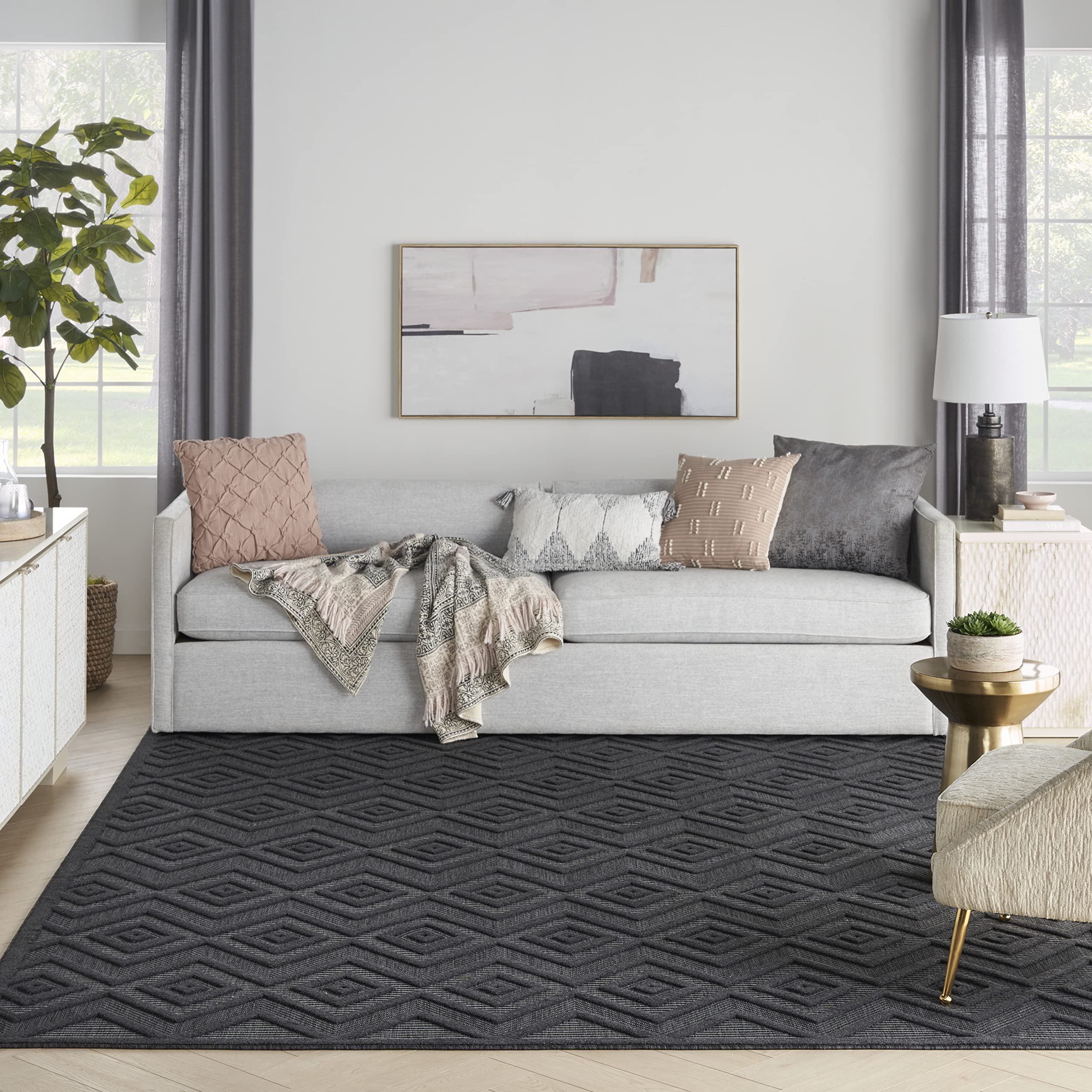 Nourison Versatile Indoor/Outdoor Charcoal/Black 9' X 12' Area Rug, Easy Cleaning, Non Shedding, Bed Room, Living Room, Dining Room, Deck, Backyard, Patio, High Traffic Area (9X12)