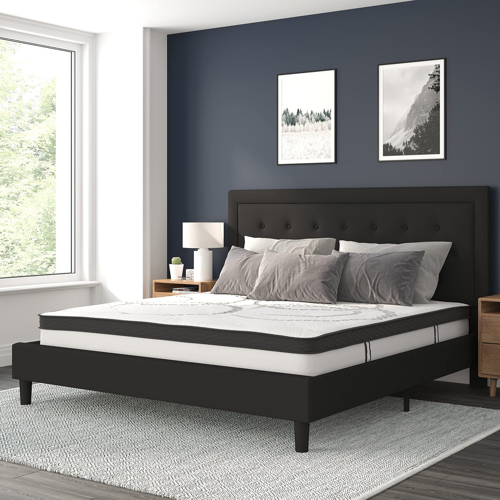 Flash Furniture Roxbury King Size Tufted Upholstered Platform Bed In Black Fabric With 10 Inch Certipur-Us Certified Pocket Spring Mattress
