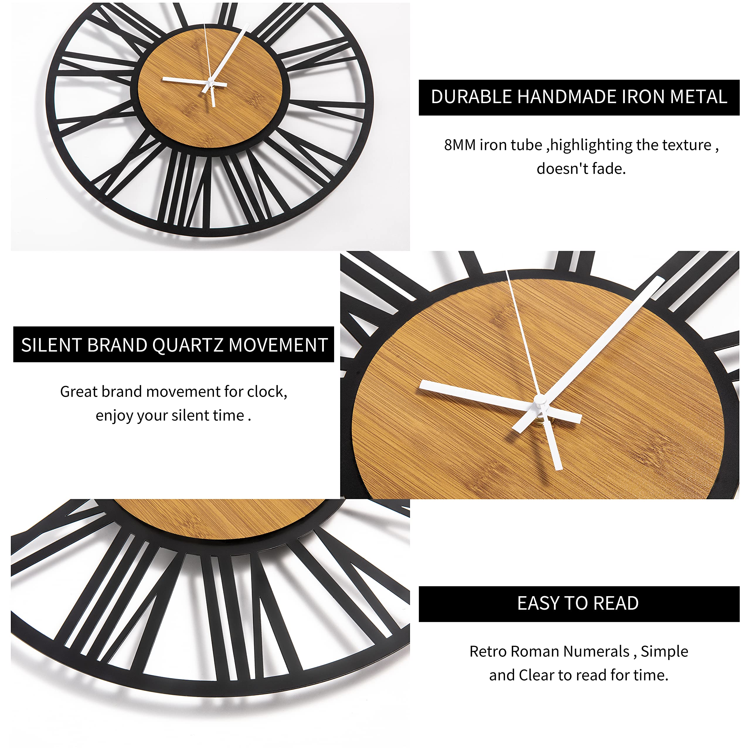 1St Owned Large Wall Clocks For Living Room Decor- Modern 20 Inch Silent Non Ticking Black Roman Numbers Metal Clocks For Farmho