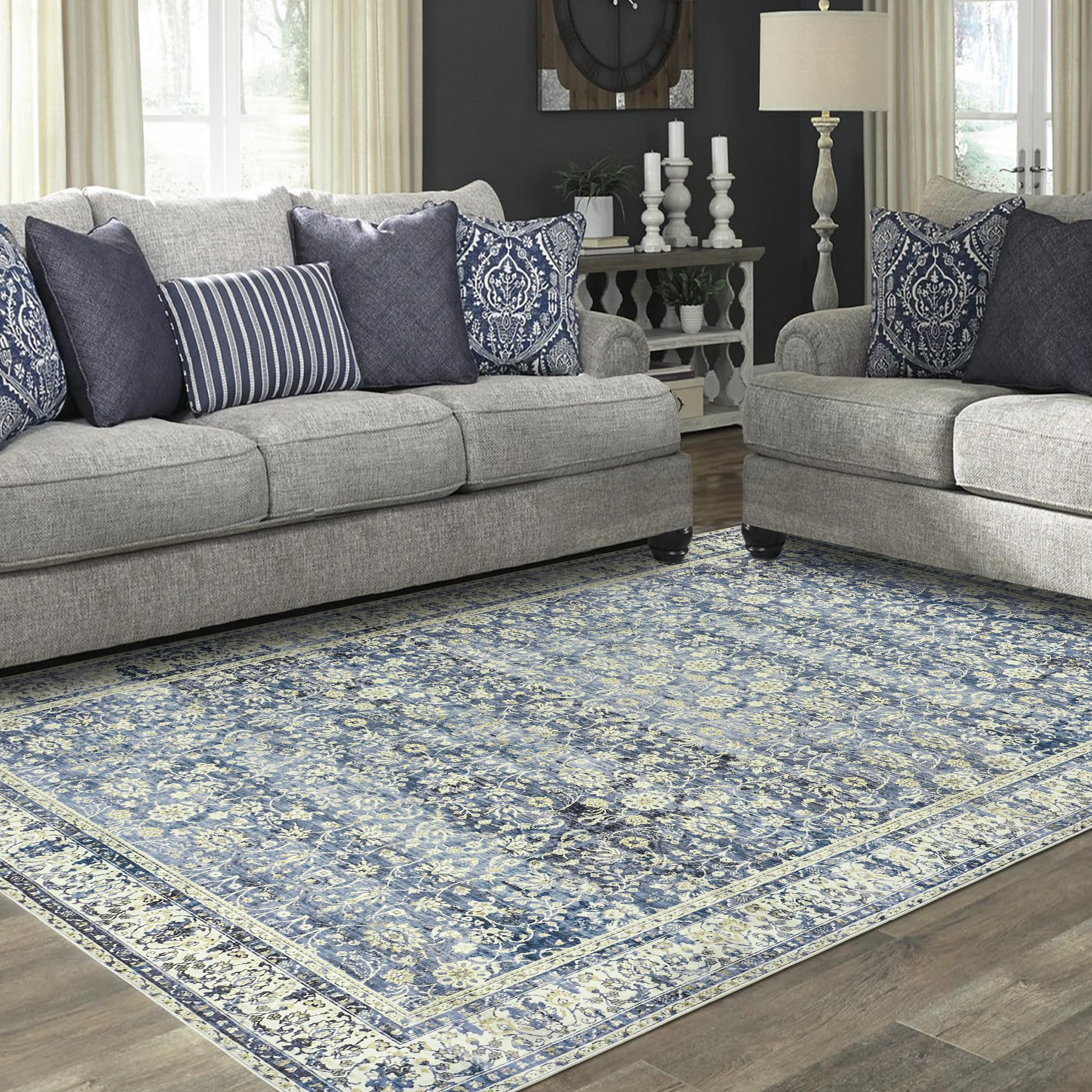Blue Distressed Carpet Multi Rug Kitchen Living Room Bedroom Dining Room,6x9 Cover Print,Vintage Design Flower Area Rug