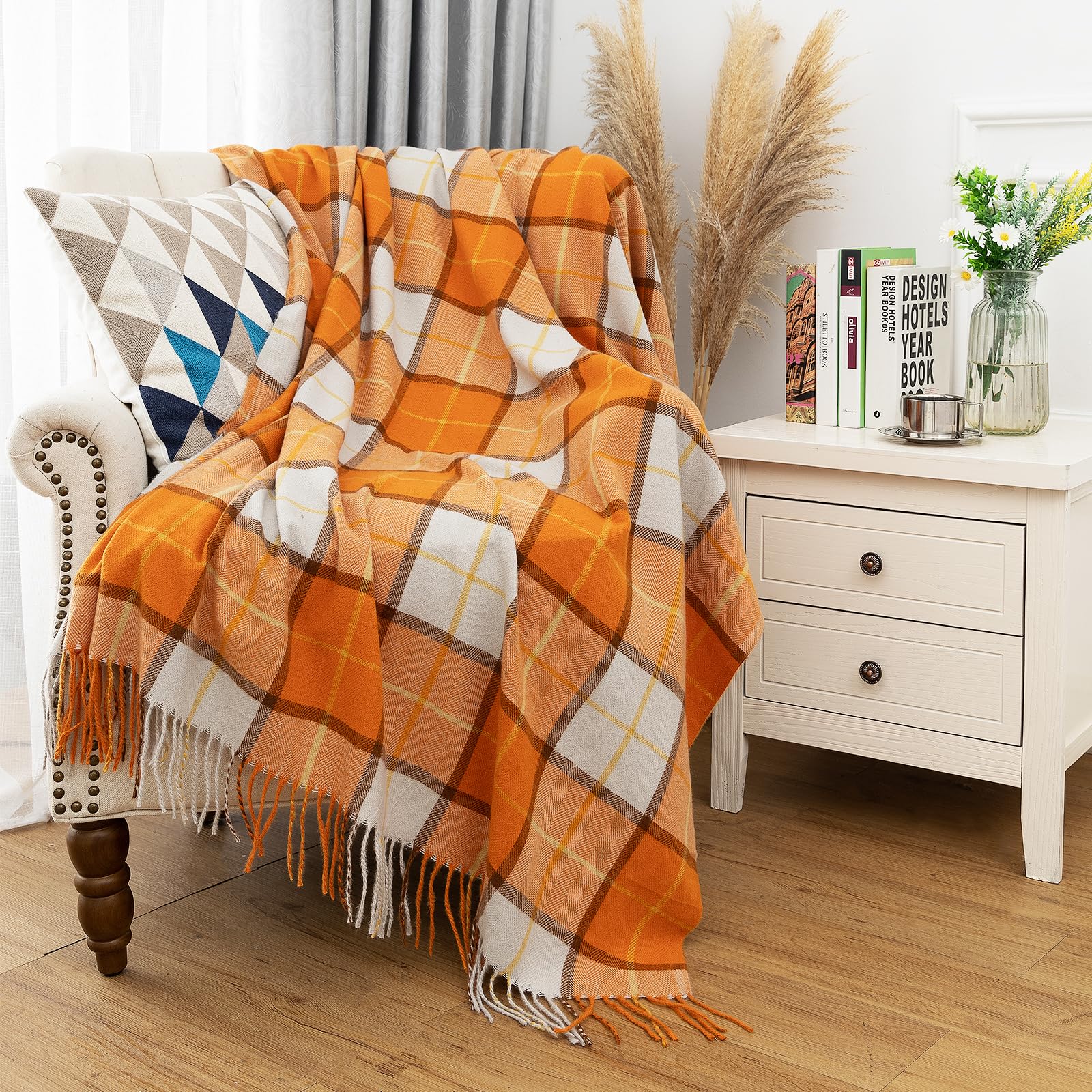 Quinnsus Orange Buffalo Plaid Throw Blanket For Couch, Soft Lightweight Fall Farmhouse Thanksgiving Throw Blankets Checkered Bla