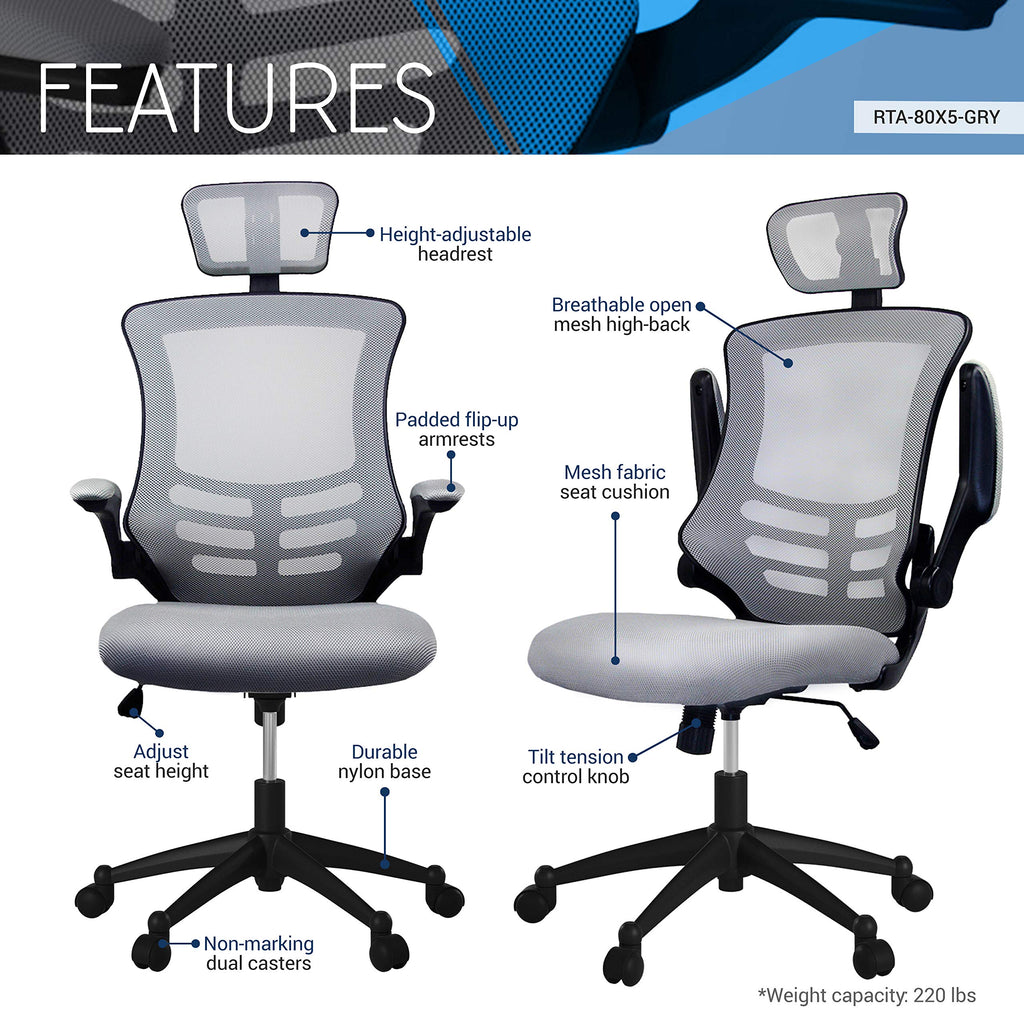 Modern High Back Mesh Executive Chair With Headrest And Flip Up Arms. Color: Silver Grey