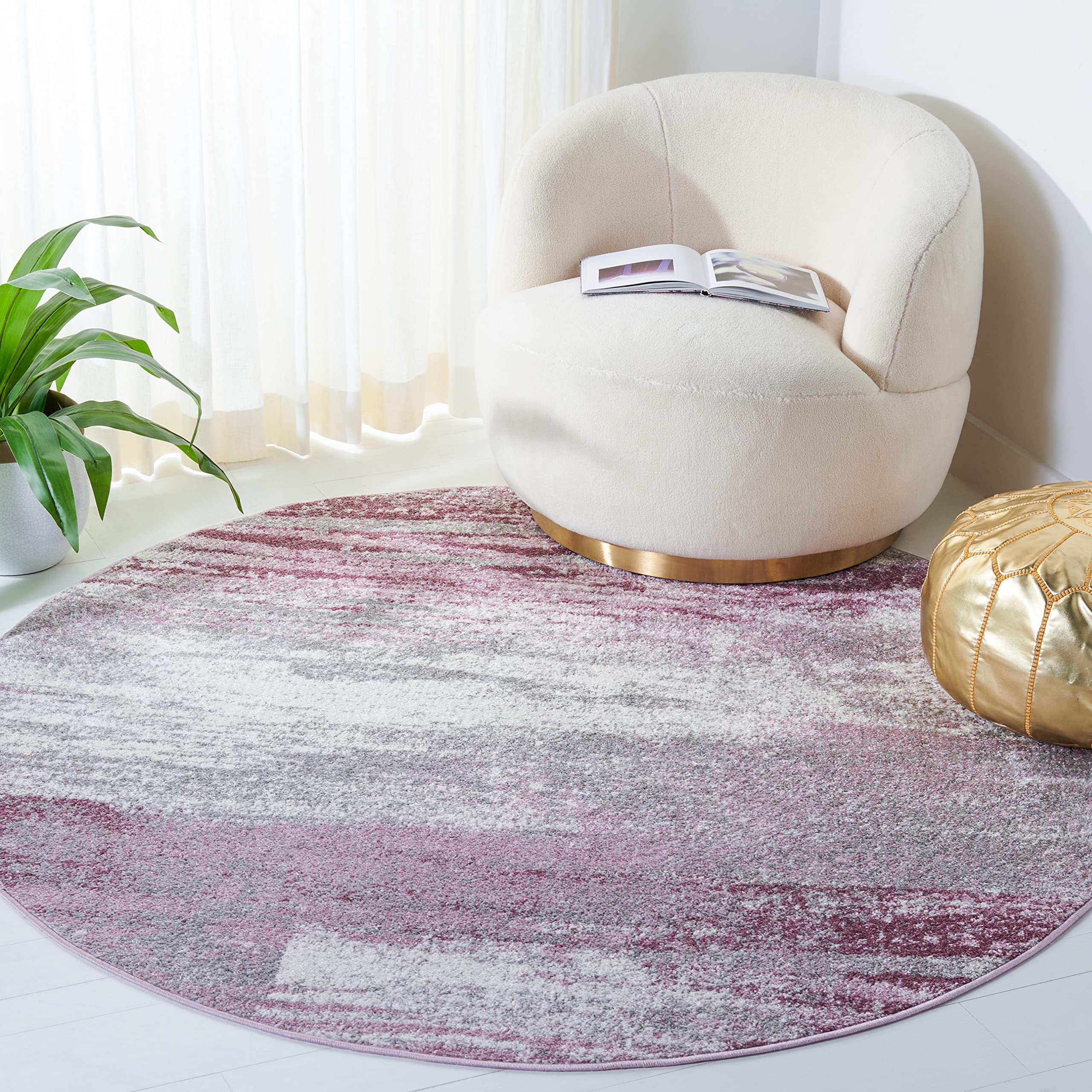 SAFAVIEH Adirondack Collection Area Rug - 4 Round, Grey & Purple, Modern Abstract Design, Non-Shedding & Easy Care, Ideal for H