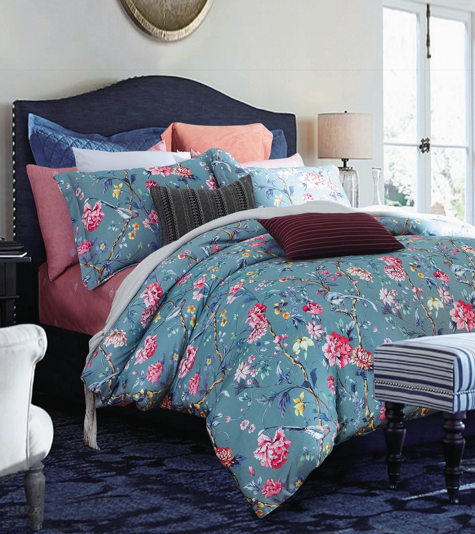Eikei Botanical Garden Duvet Cover Washed Brushed 100-Percent Cotton Bedding Set Asian Chinoiserie Print Colorful Tropical Tree