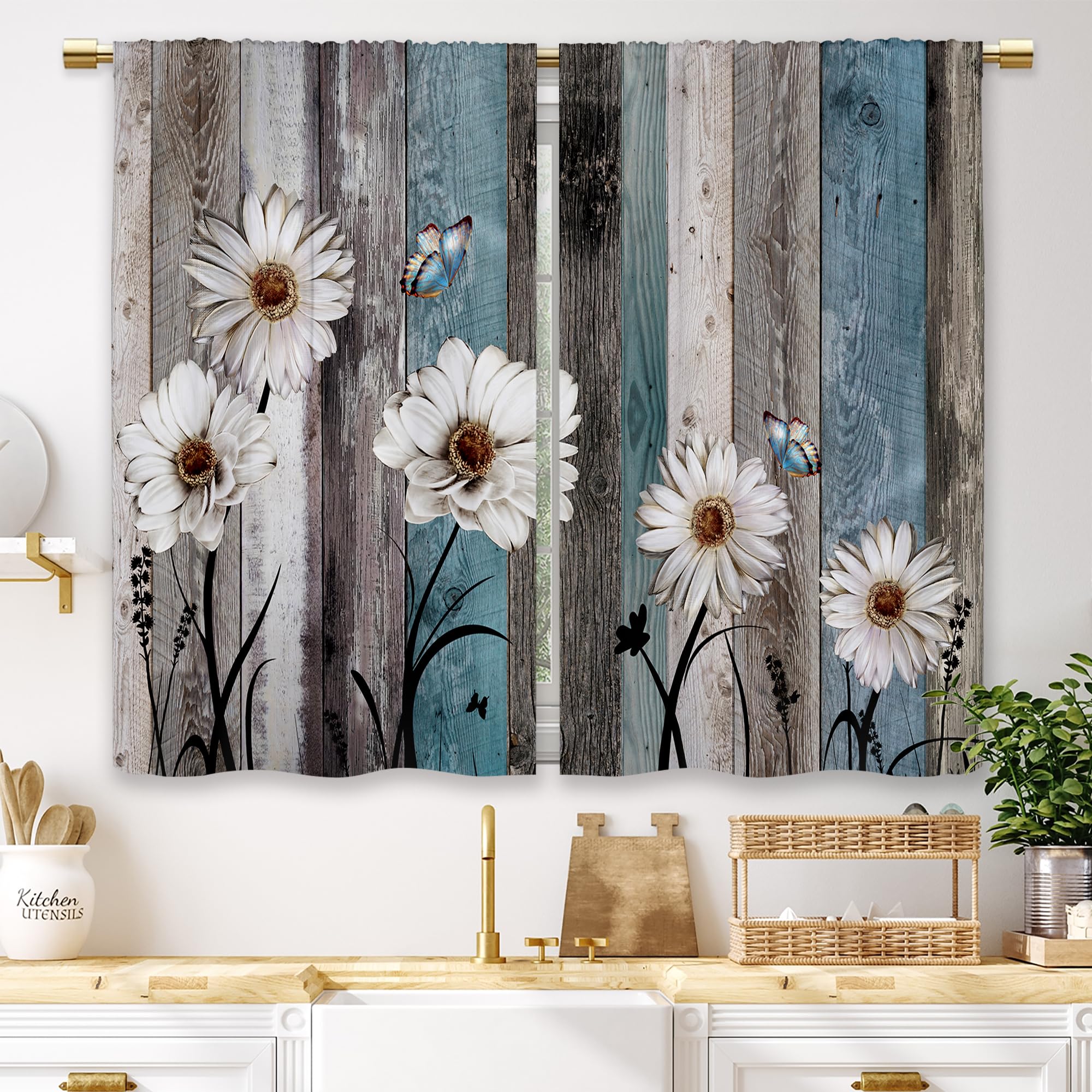 Laifzere Teal Farmhouse Daisy Kitchen Curtains Wooden Flower Turquoise Small Short Cafe Window Curtains Rustic Floral Butterfly