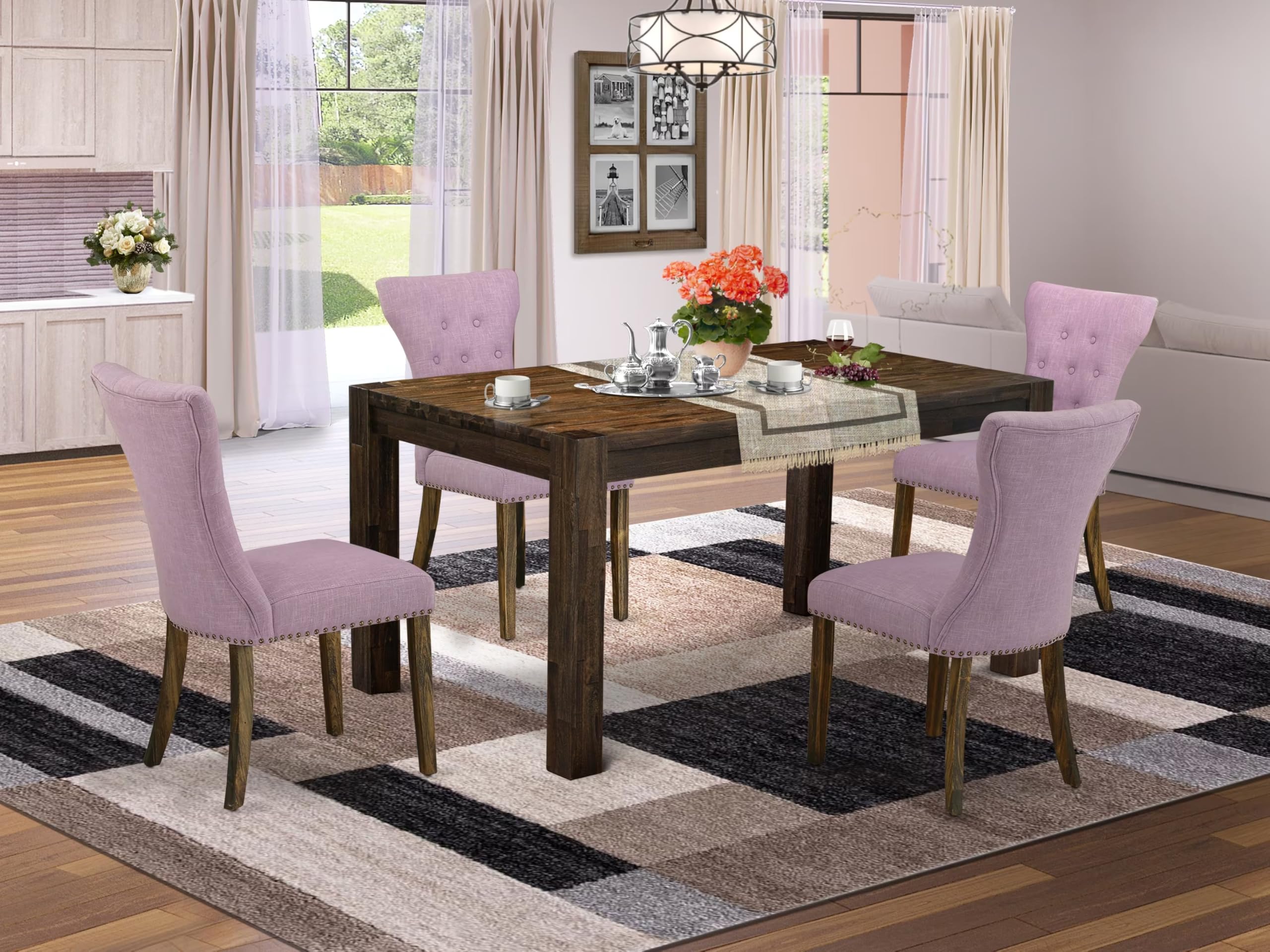 East West Furniture Cnga5-77-40 5 Piece Dining Table Set For 4 Includes A Rectangle Rustic Wood Dinner Table And 4 Dahlia Linen Fabric Parson Dining Room Chairs, 36X60 Inch, Jacobean