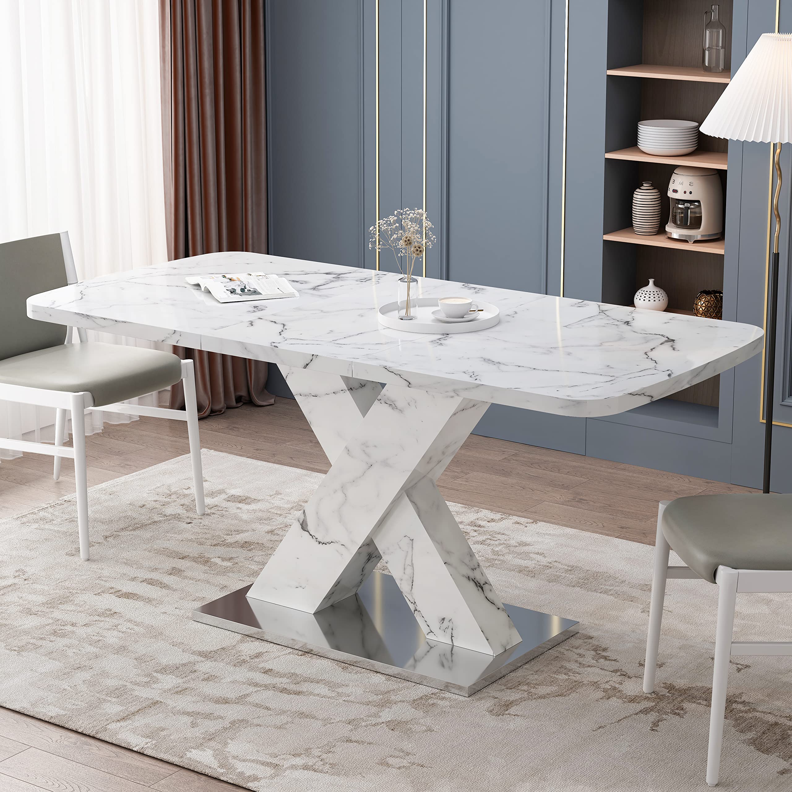 Lasadelgar Expandable Dining Table For 4, Extendable 47-63 Inch Modern White Faux Marble Dining Room Table With Mdf Table Top X-