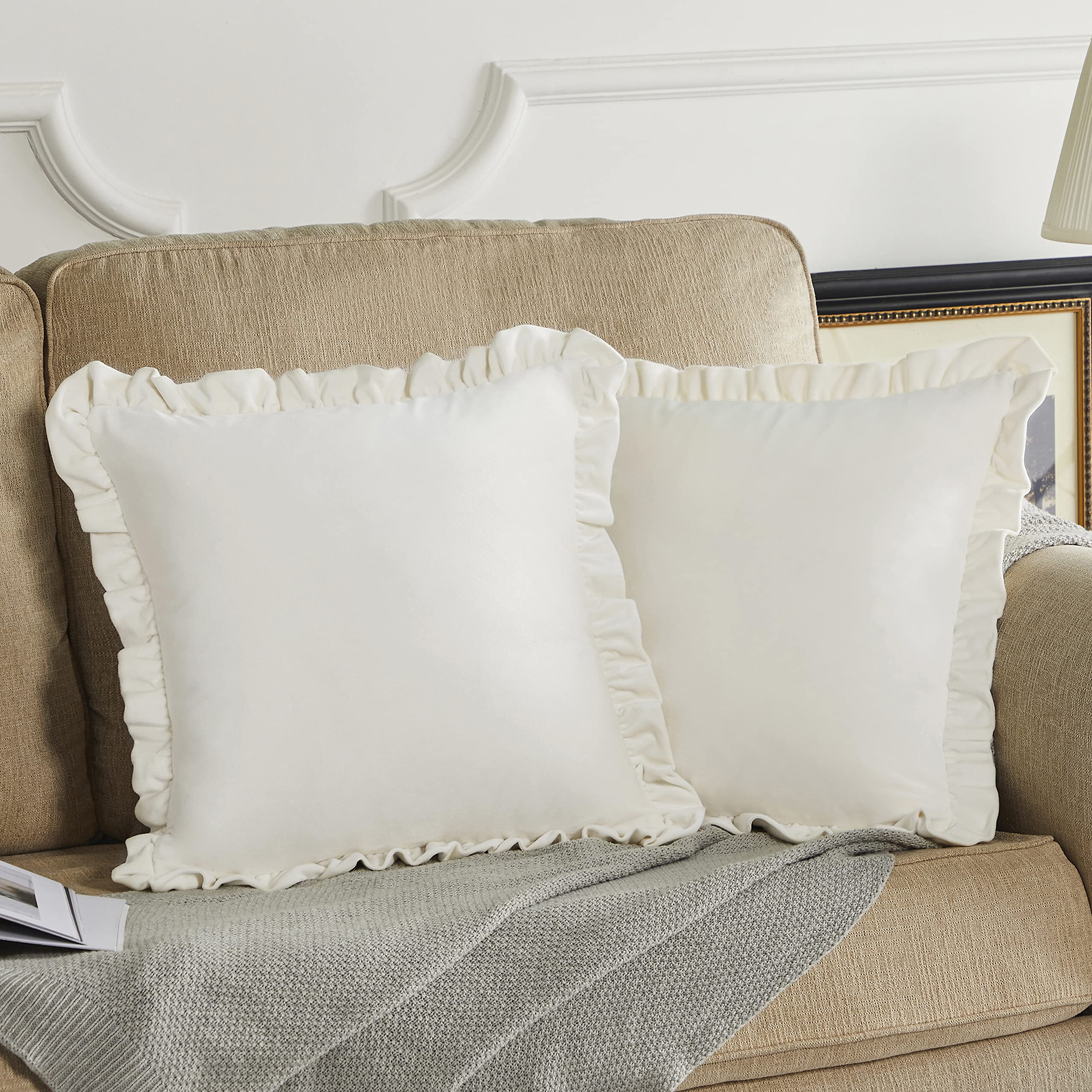 Gigizaza Velvet Cream 18X18 Pillow Covers, Set Of 2 Decorative Ruffle Ivory Cushoin Pillow Covers For Sofa Couch
