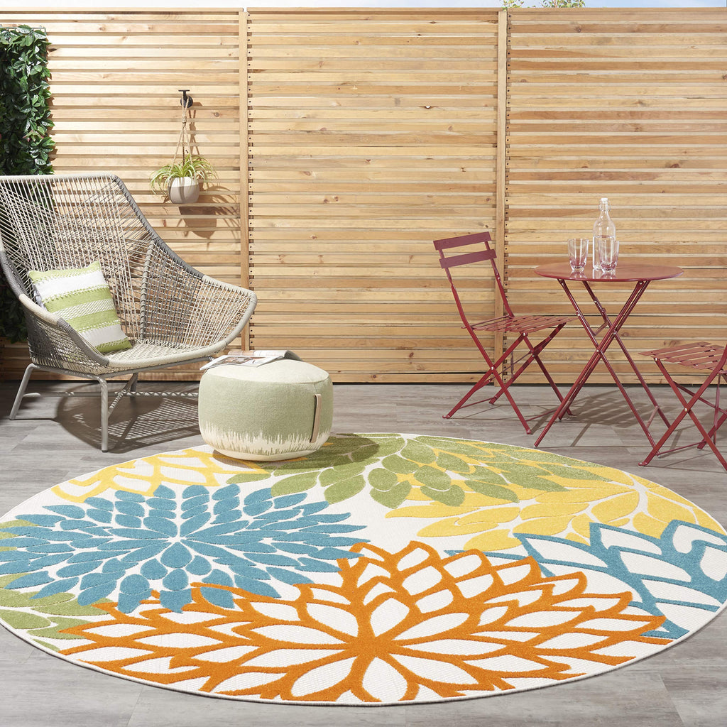 Nourison Aloha Indoor/Outdoor Floral Turquoise Multicolor 7'10' X Round Area Rug, (8' Round)