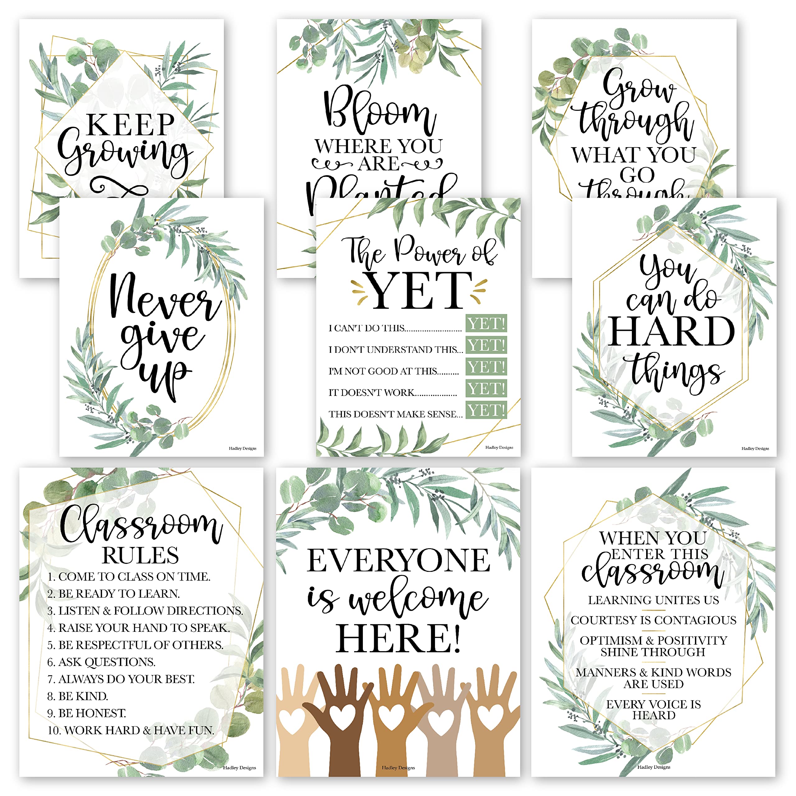 Hadley Designs 9 Eucalyptus Classroom Decor Signs, Welcome Sign For Bulletin Board Decorations, Growth Mindset Classroom Posters