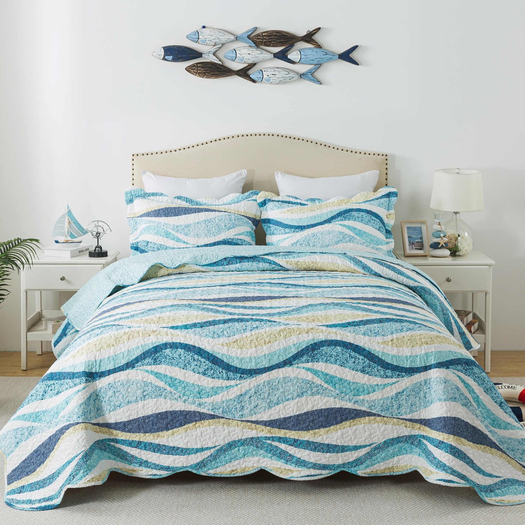 HoneiLife Ocean Quilt Queen Size - 3 Pieces Beach Quilt Sets Coastal Bedspreads Nautical Coverlets Lightweight Bed Cover, Queen 