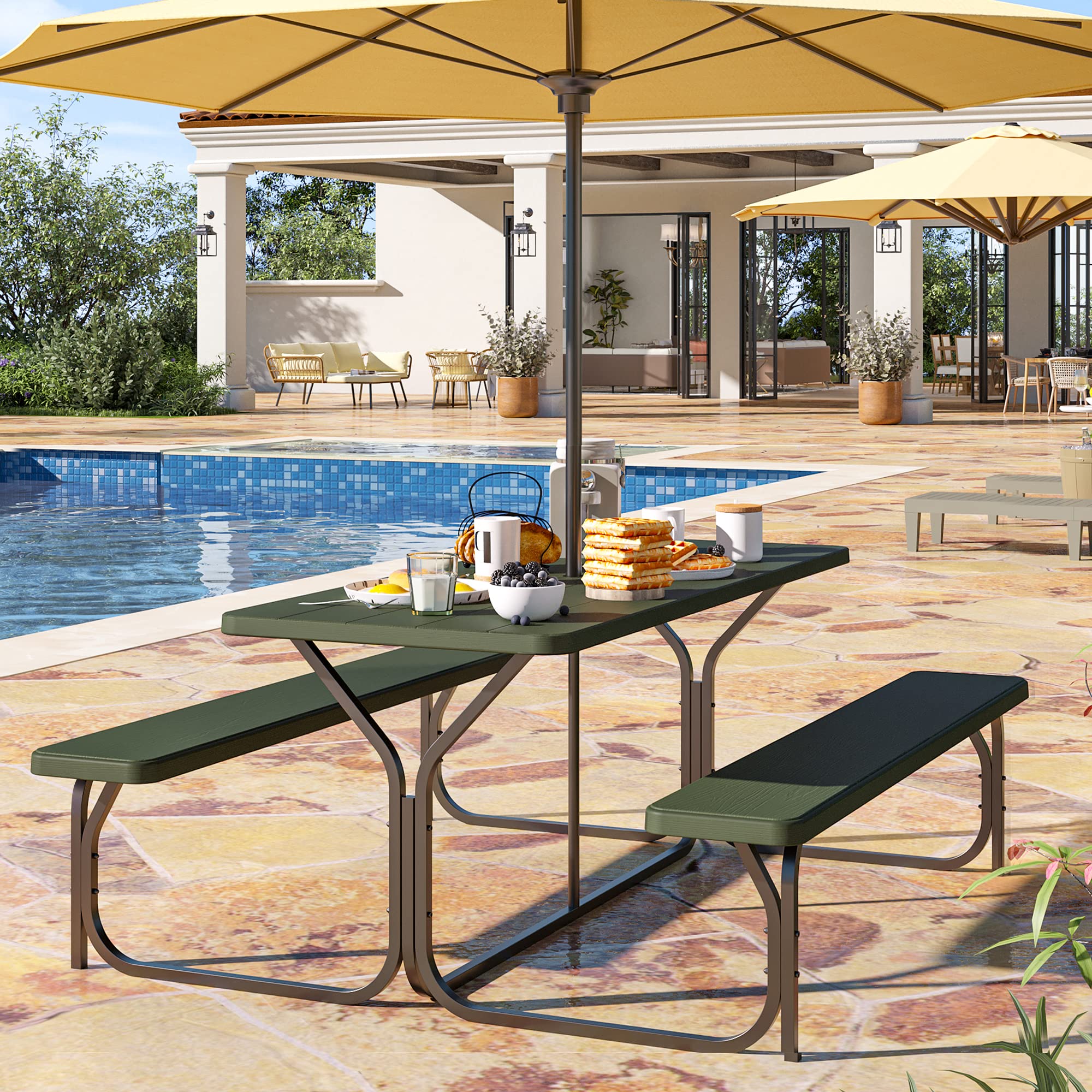 Yitahome 6Ft Outdoor Picnic Table With Wood-Like Tabletop, Sturdy Steel Frame And Umbrella Opening, Heavy Duty Picnic Table Ideal For Yard, Patio, Lawn Gatherings, Green