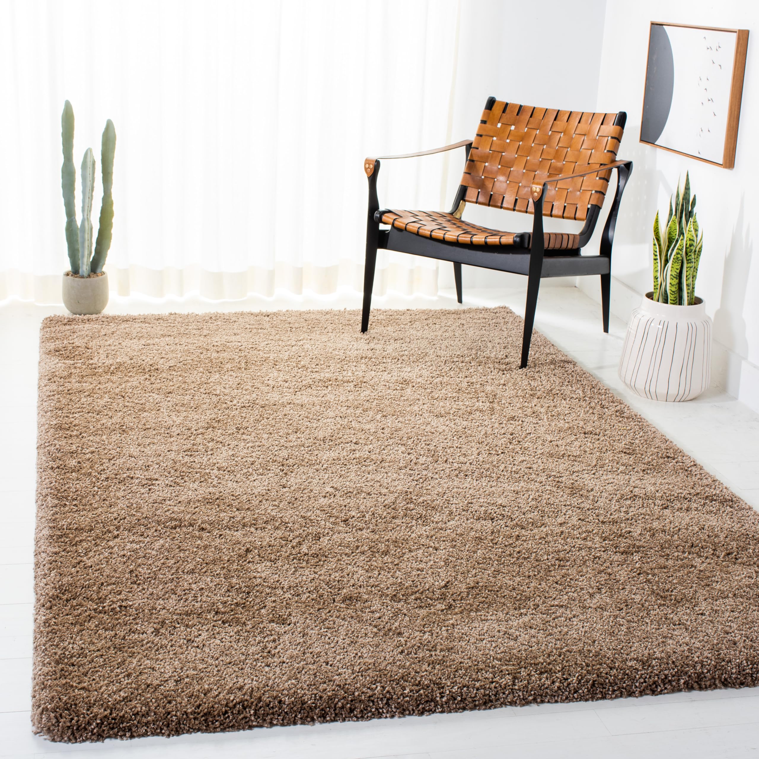 SAFAVIEH Milan Shag Collection Area Rug - 8' Square, Dark Beige, Solid Design, Plush 1.8-inch Thick, Non-Shedding, Ideal for Hig