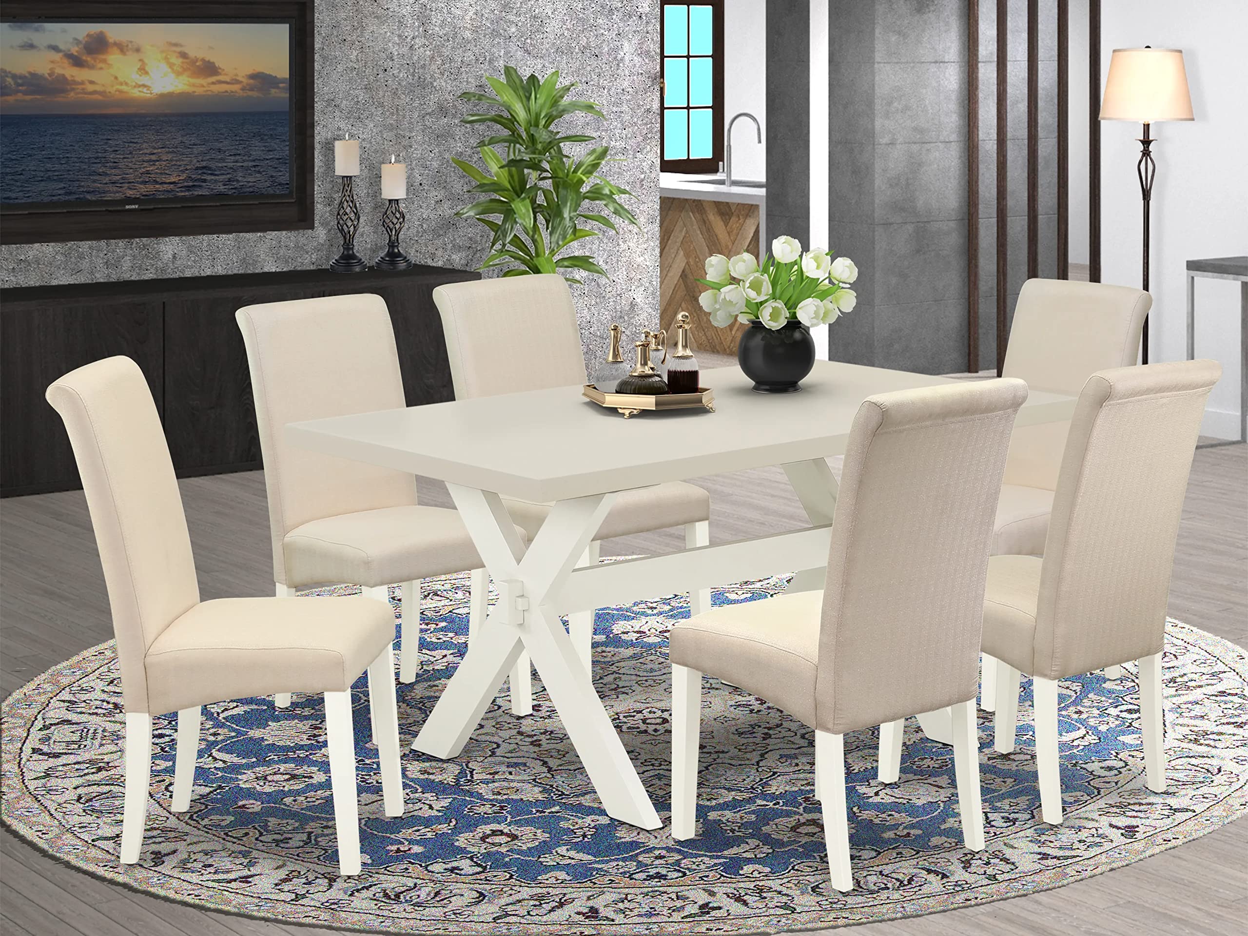 East West Furniture X026Ba201-7 7 Piece Kitchen Table Set Consist Of A Rectangle Dining Table With X-Legs And 6 Cream Linen Fabric Parson Dining Room Chairs, 36X60 Inch, Multi-Color