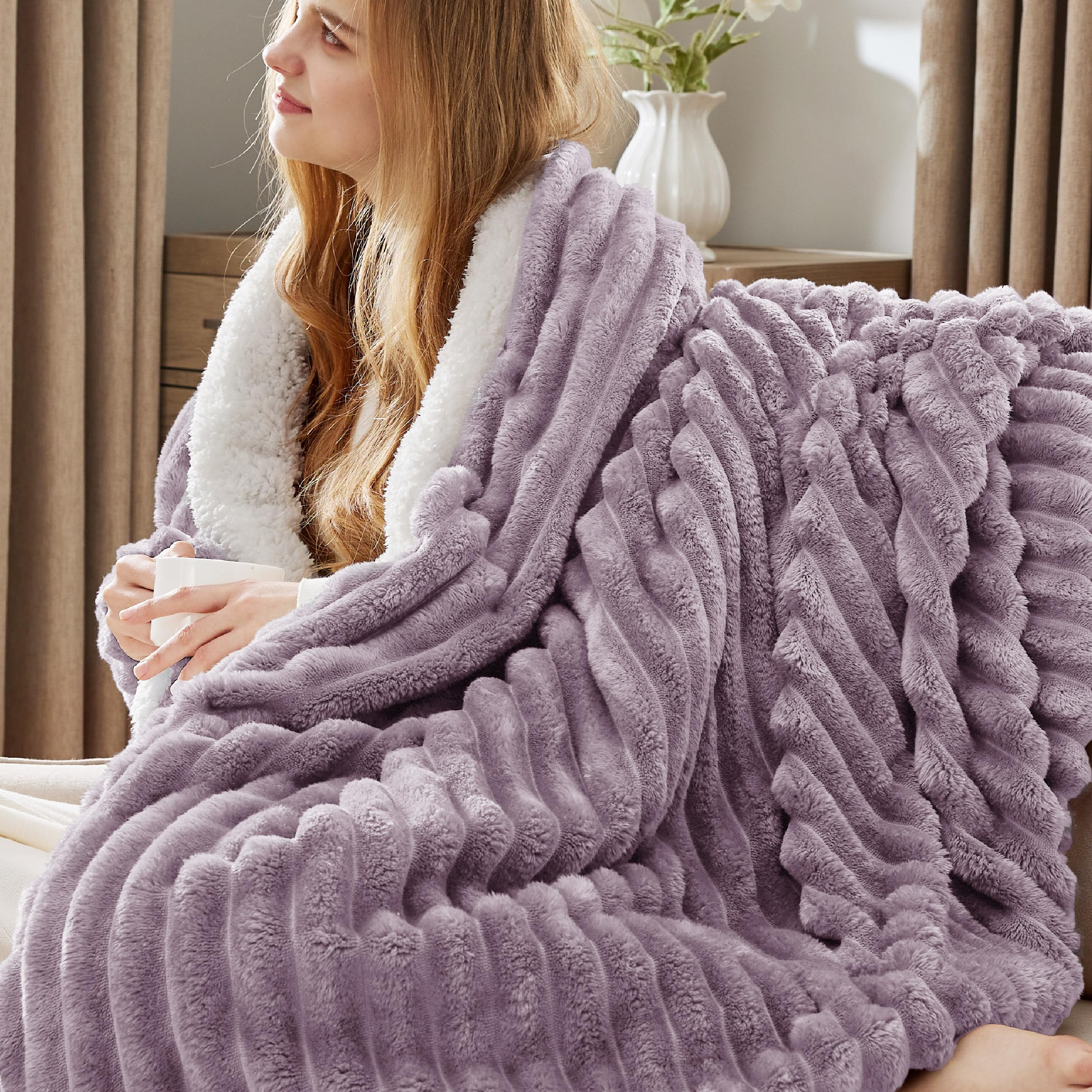Bedsure Sherpa Blanket Twin Size For Couch - Super Soft Cozy Blanket For Bed, Fleece Thick Warm Blanket For Winter, Plush Purple