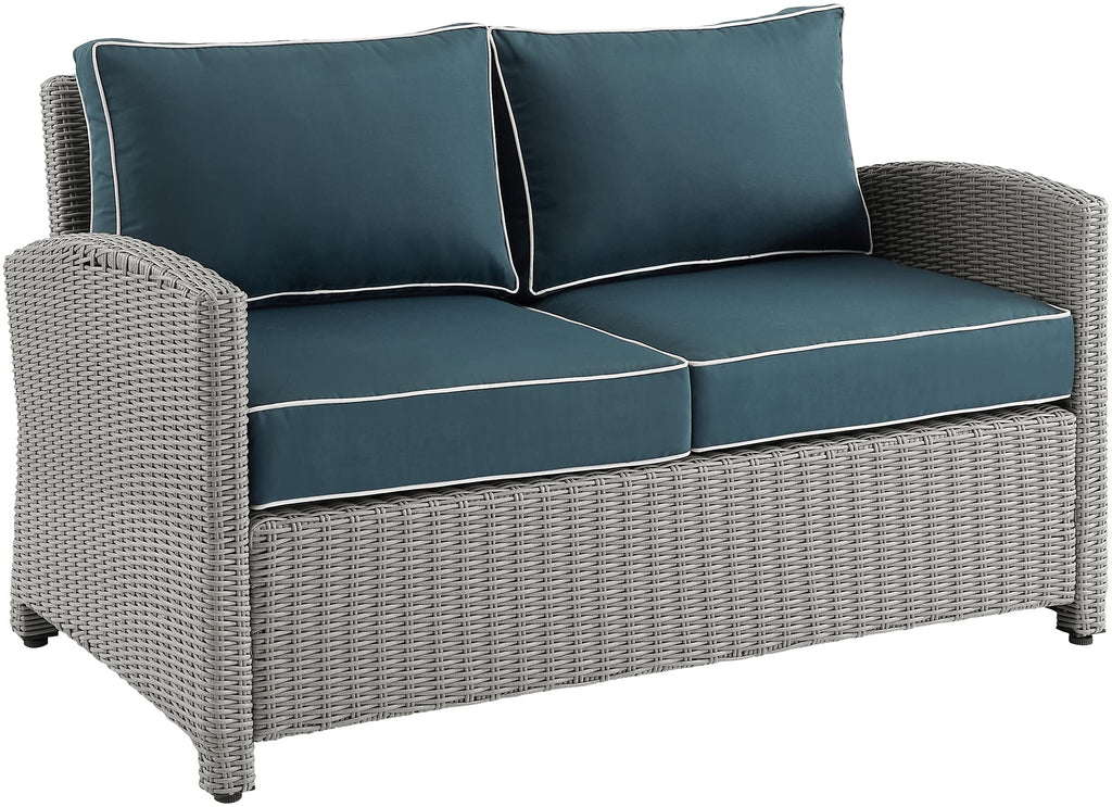 Crosley Furniture Bradenton Wicker Outdoor Loveseat, 2-Person Patio Couch for Porch, Deck, Backyard, Gray with Navy Cushions