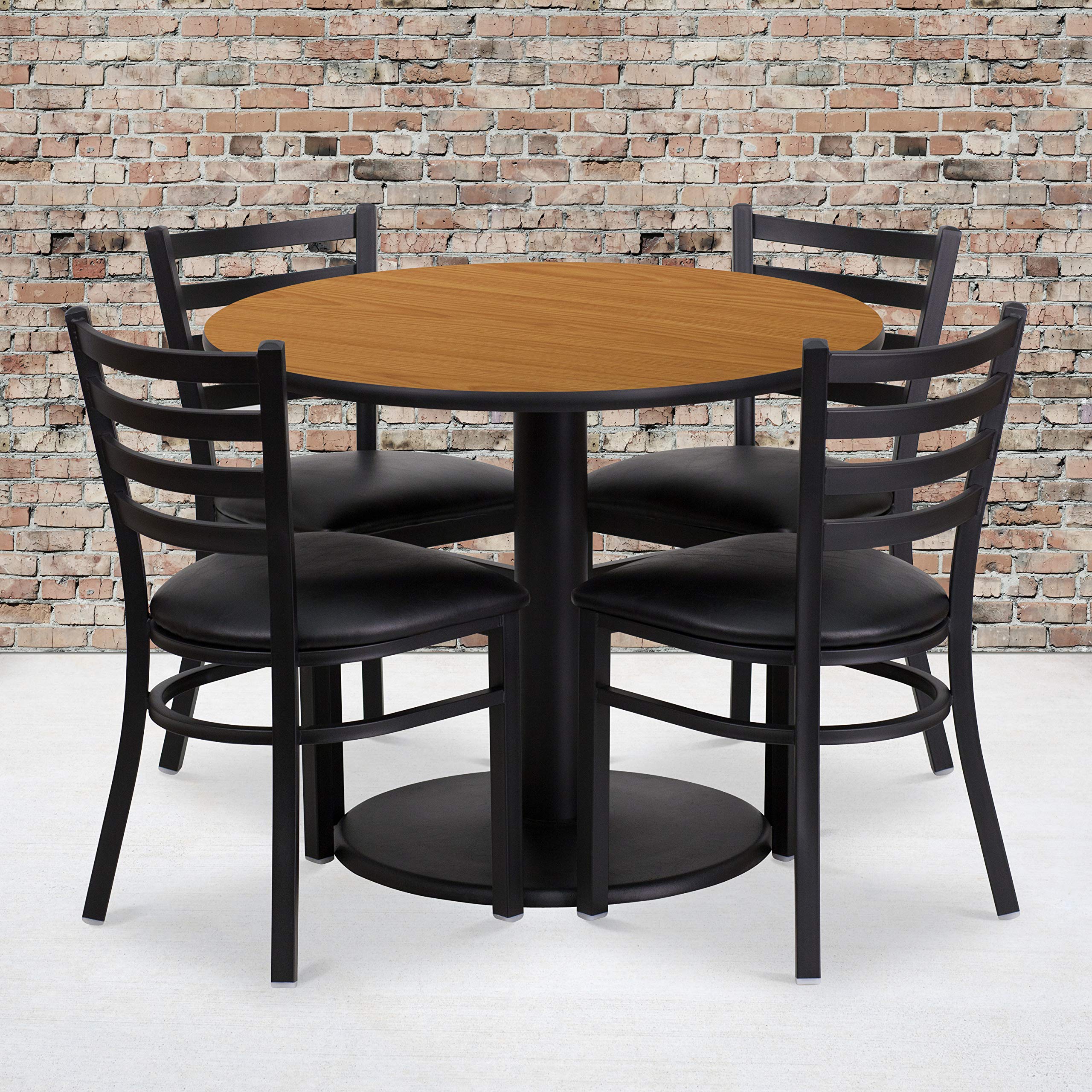 Flash Furniture 36'' Round Natural Laminate Table Set With Round Base And 4 Ladder Back Metal Chairs - Black Vinyl Seat