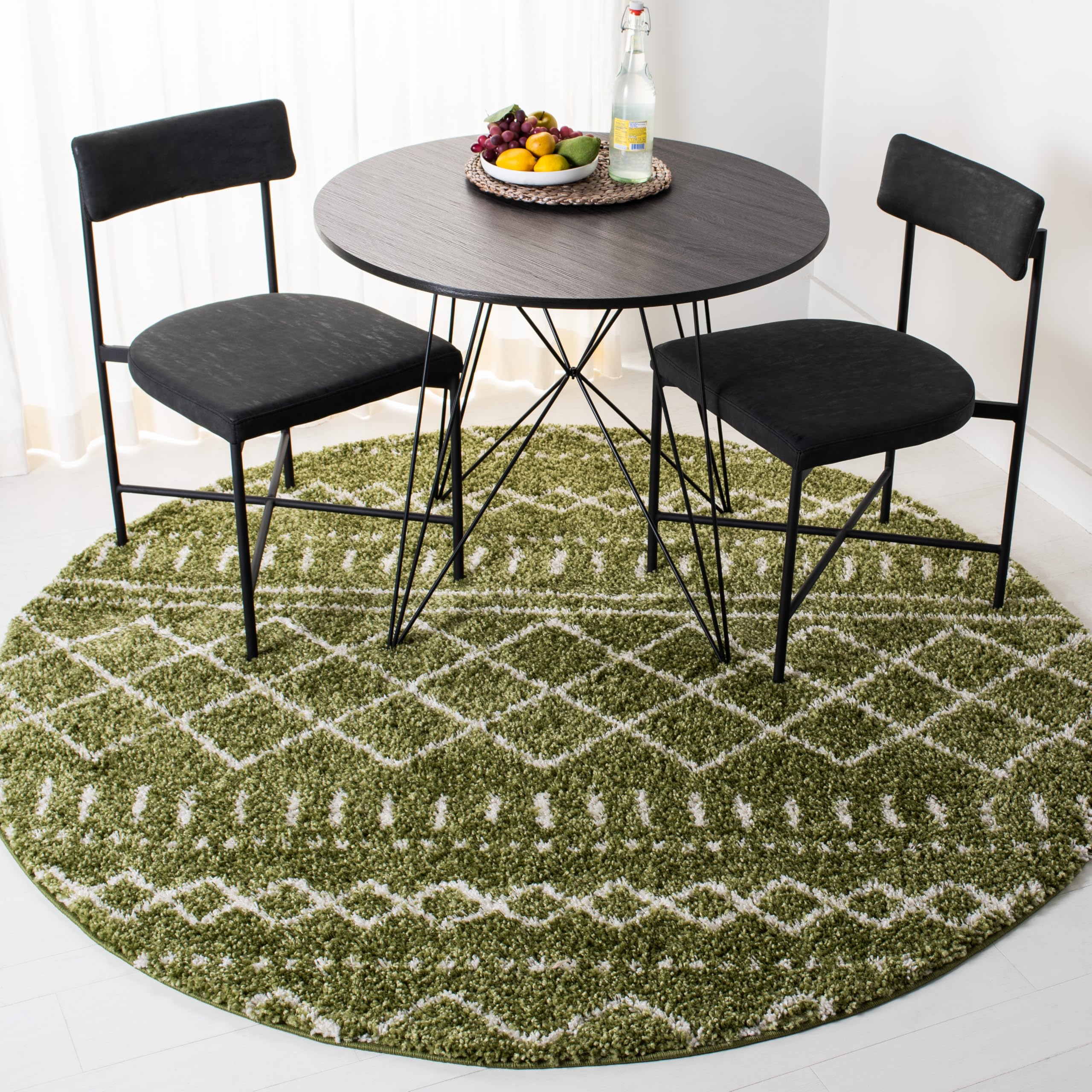 SAFAVIEH Arizona Shag Collection Area Rug - 51 Round, Green & Ivory, Moroccan Design, Non-Shedding & Easy Care, 1.6-inch Thick,
