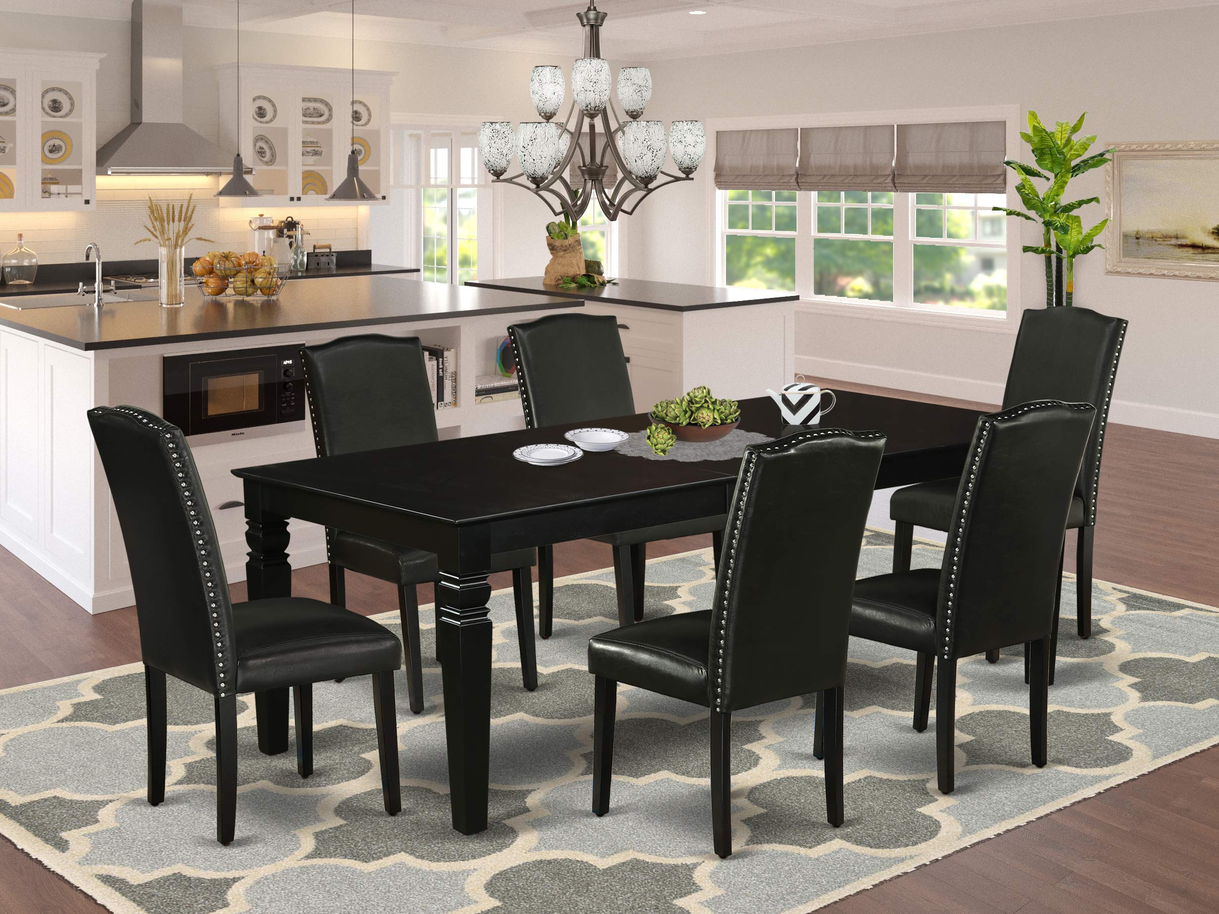 East West Furniture Lgen7-Blk-69 7 Piece Dining Room Furniture Set Consist Of A Rectangle Wooden Table With Butterfly Leaf And 6 Black Faux Leather Parson Chairs, 42X84 Inch