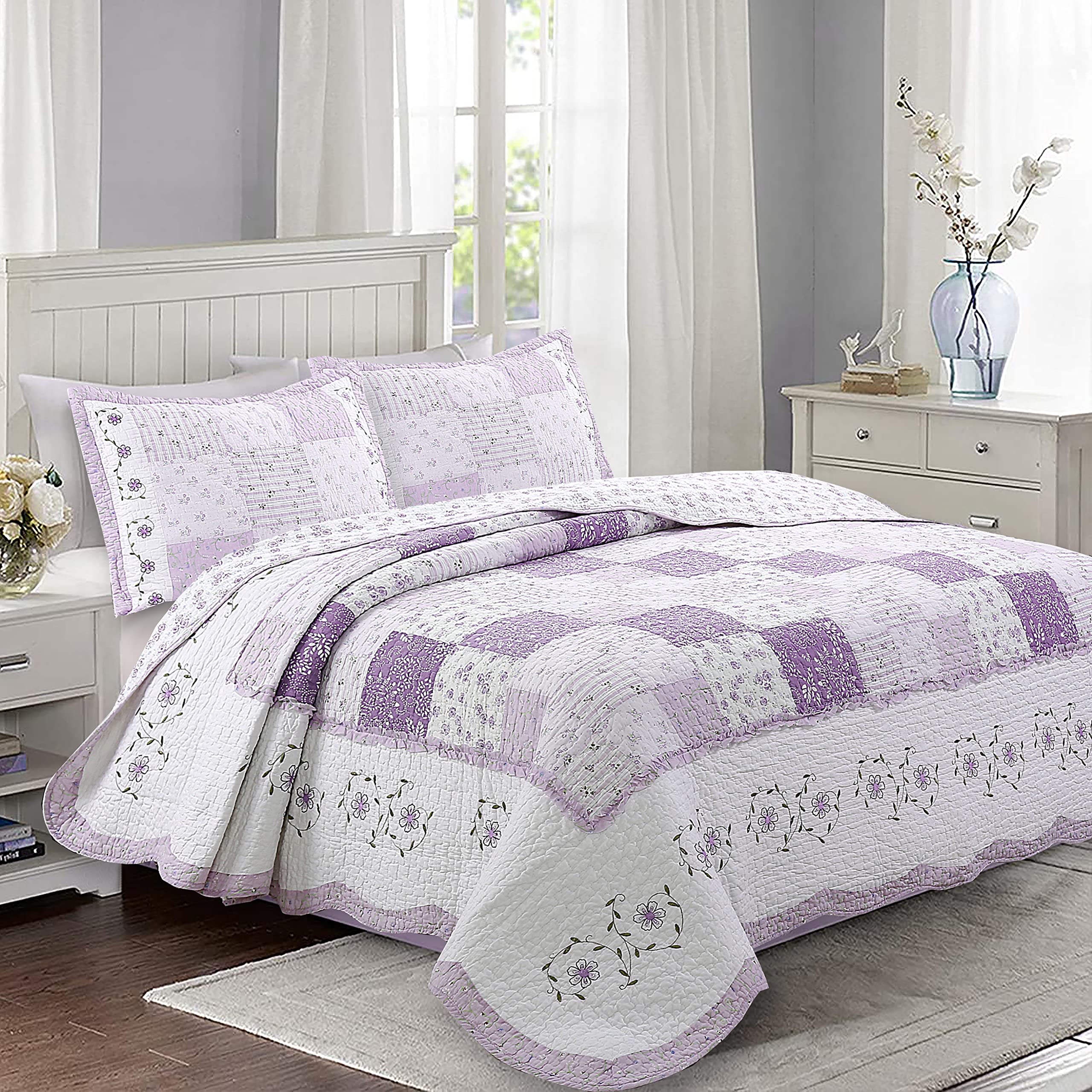 Cozy Line Home Fashions Love Of Lilac Bedding Quilt Set, Light Purple Orchid Lavender Floral Real Patchwork 100% Cotton Reversib