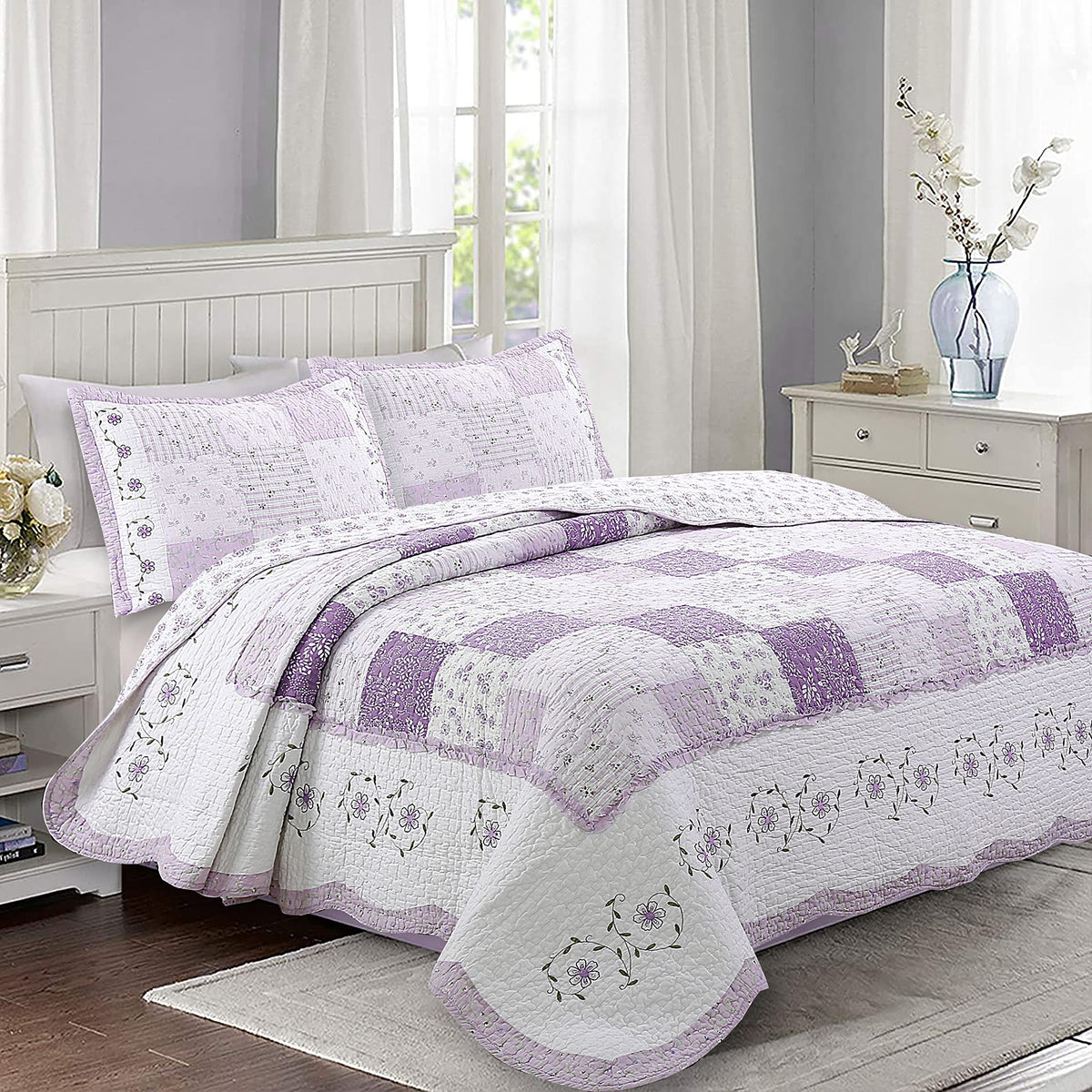 Cozy Line Home Fashions Love Of Lilac Bedding Quilt Set, Light Purple Orchid Lavender Chic Lace Floral 100% Cotton Reversible Co
