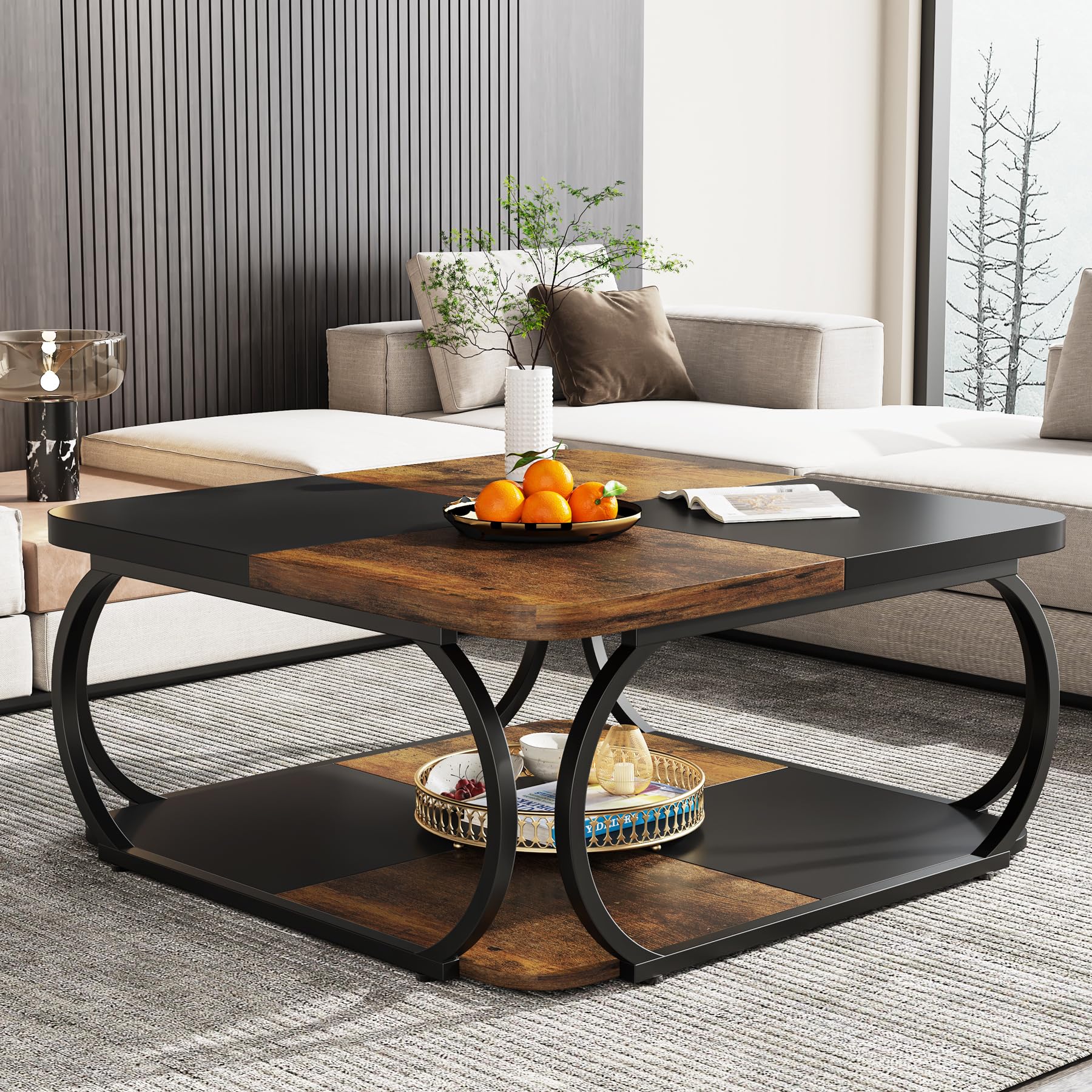 Tribesigns Square Coffee Table with 2 Tiers, 40 inches Low Farmhouse Coffee Table with Wood Storage Shelf Heavy Duty Metal Curve