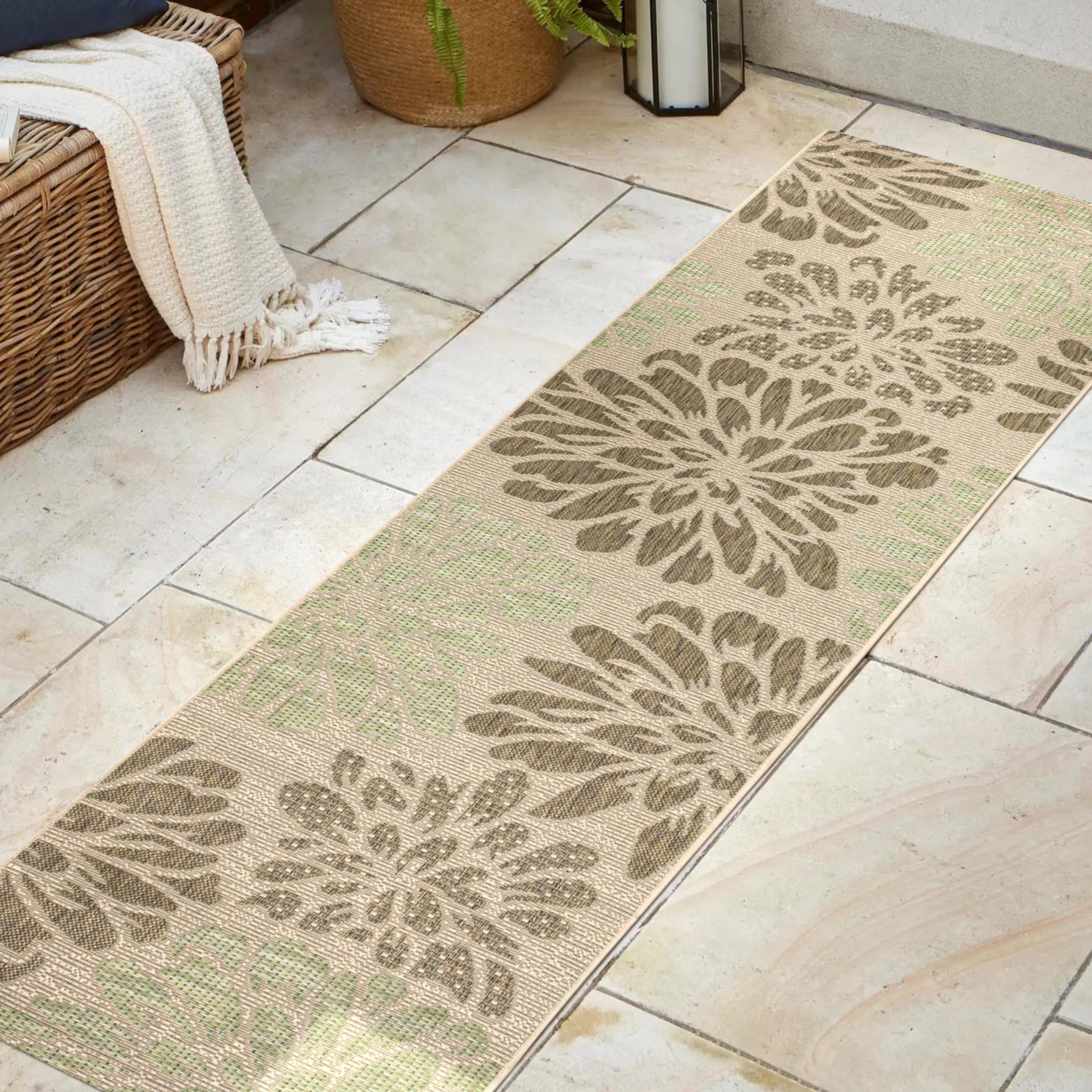 Jonathan Y Smb110A-5Sq Zinnia Modern Floral Textured Weave Indoor Outdoor Area Rug Bohemian Coastal Easy Cleaning Bedroom Kitchen Backyard Patio Non Shedding, 5' Square, Sage/Brown