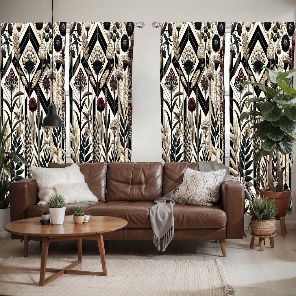 Ambesonne Leafy Art Window Curtains Pack Of 2, Modern Boho Composition Of Abstract Rhombus Detailed Leaves Flowery, Lightweight