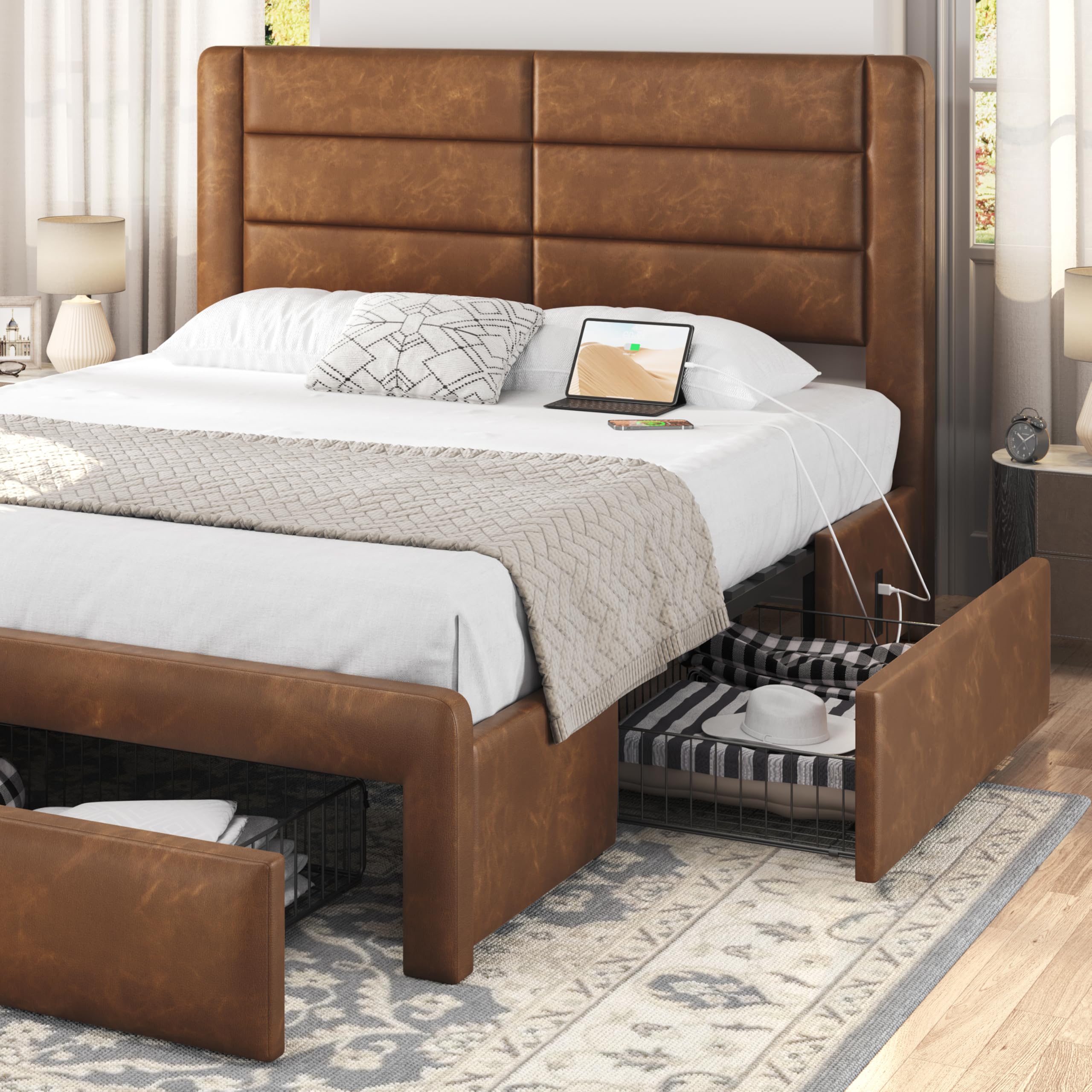 Yaheetech Queen Bed Frame with 2 USB Charging Stations/Port for Type A&Type C/3 Storage Drawers,Leather Upholstered Platform Bed