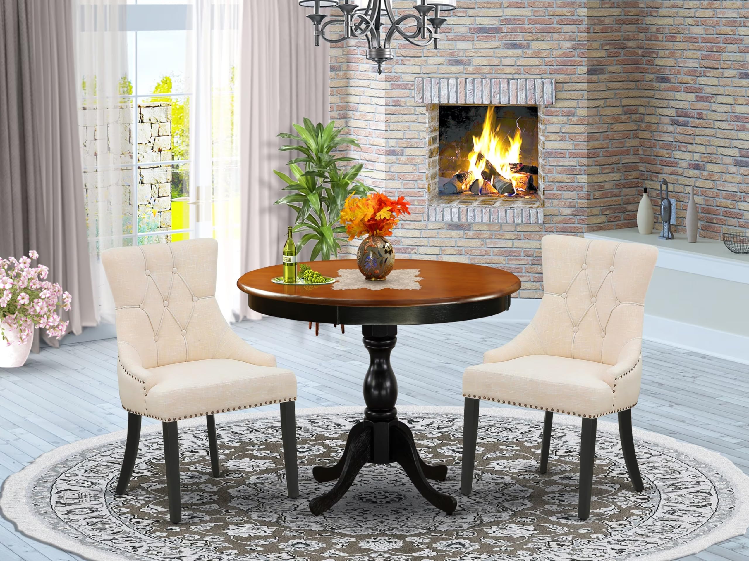 East West Furniture Amfr3-Bch-02 3 Piece Kitchen Table & Chairs Set Contains A Round Dining Table With Pedestal And 2 Light Beige Linen Fabric Upholstered Chairs, 36X36 Inch, Black & Cherry