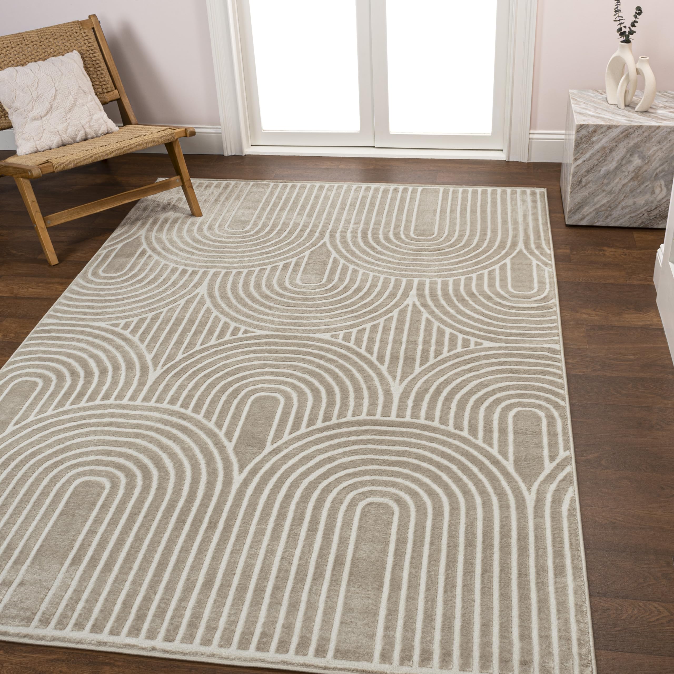 JONATHAN Y SND100A-4 Ariana Mid-Century Art Deco Striped Arches Two-Tone High-Low Beige/Cream 4 ft. x 6 ft. Area Rug, Easy-Clean