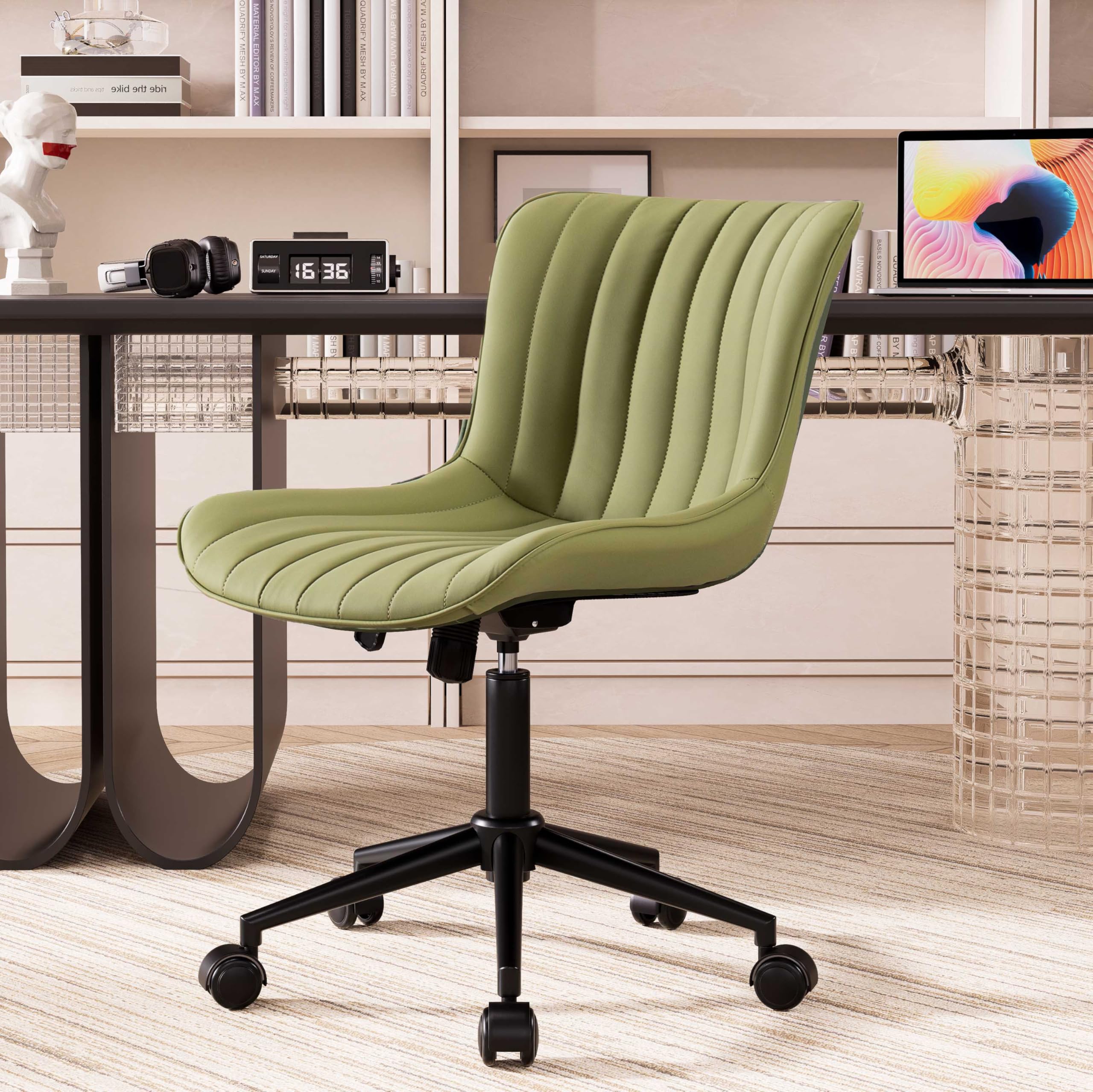 Younike Ergonomic Home Office Desk Chair With Wheels Comfy Armless Criss Cross Chair With Back Adjustable Modern Leather Upholst